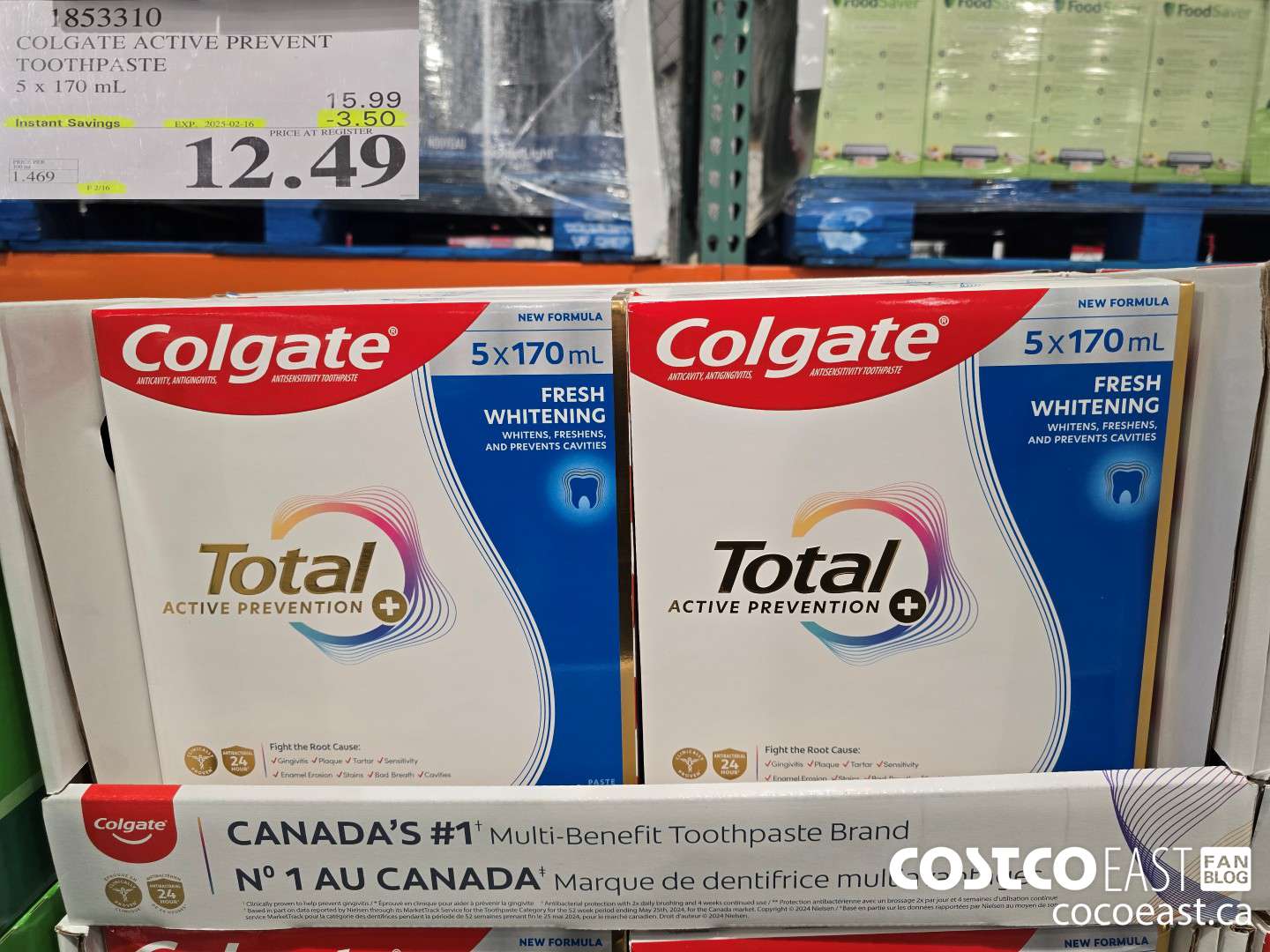 1853310 COLGATE ACTIVE PREVENT TOOTHPASTE 5 x 170 mL ($3.50 INSTANT SAVINGS EXPIRES ON 2025-02-16) $12.49