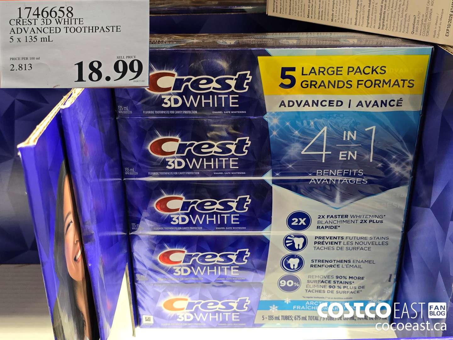 1746658 CREST 3D WHITE ADVANCED TOOTHPASTE 5 X 135 ML $18.99