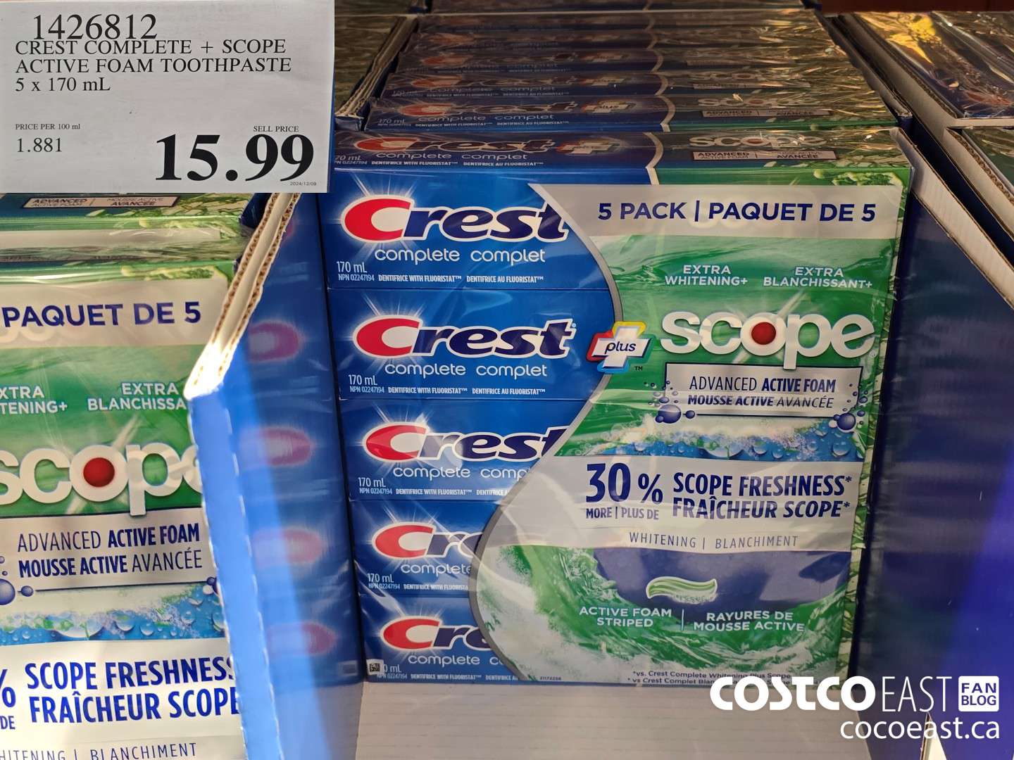 1426812 CREST COMPLETE + SCOPE ACTIVE FOAM TOOTHPASTE 5 X 170 ML $15.99