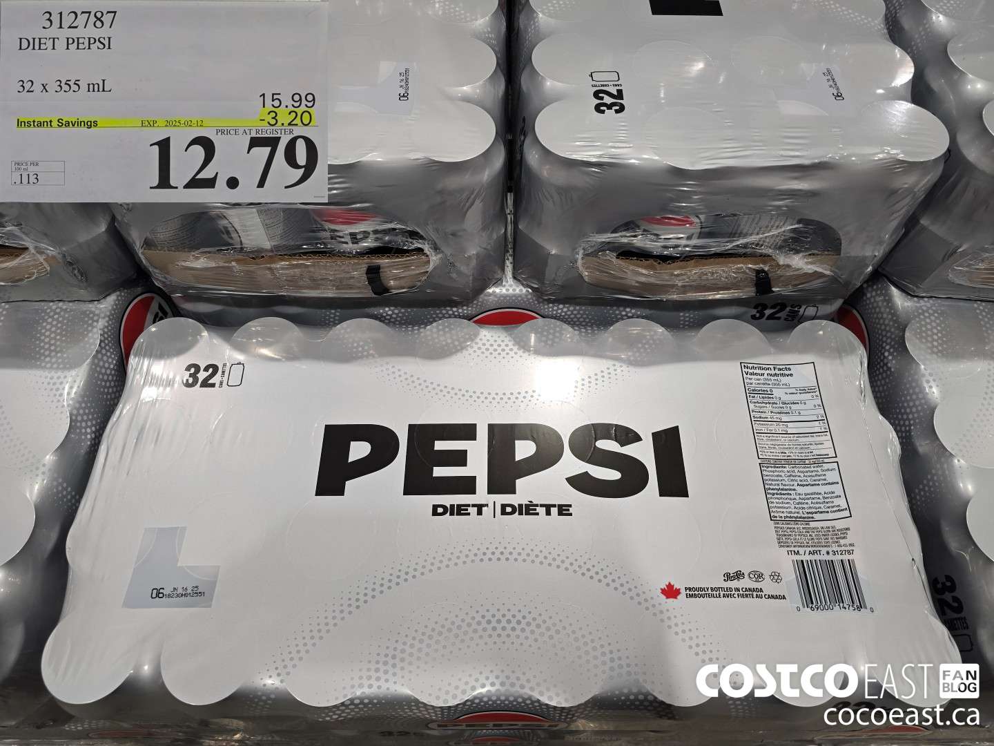 312787 DIET PEPSI 32 X 355 ML ($3.20 INSTANT SAVINGS EXPIRES ON 2025-02-12) $12.79
