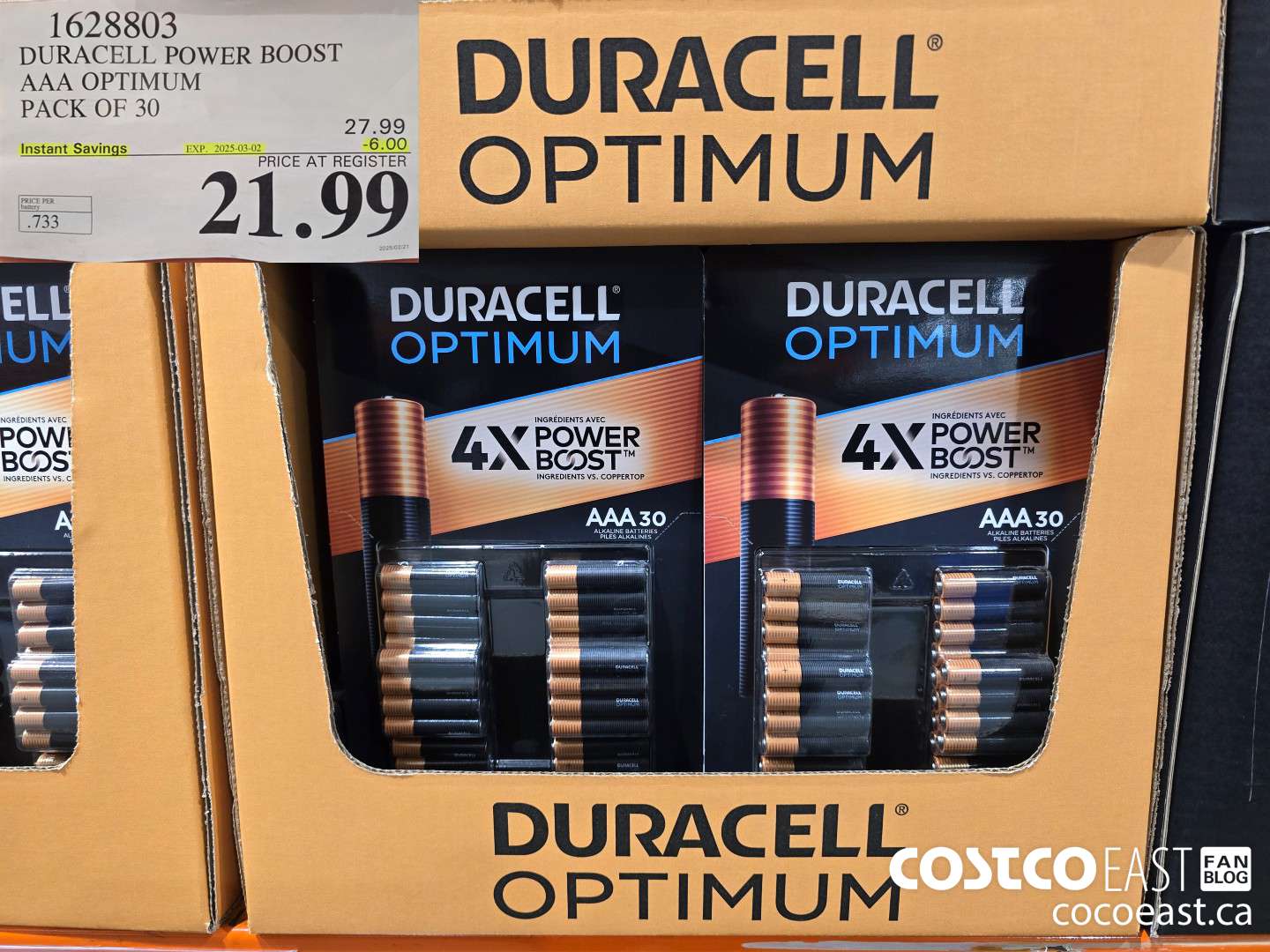1628803 DURACELL POWER BOOST AAA OPTIMUM PACK OF 30 ($6.00 INSTANT SAVINGS EXPIRES ON 2025-03-02) $21.99
