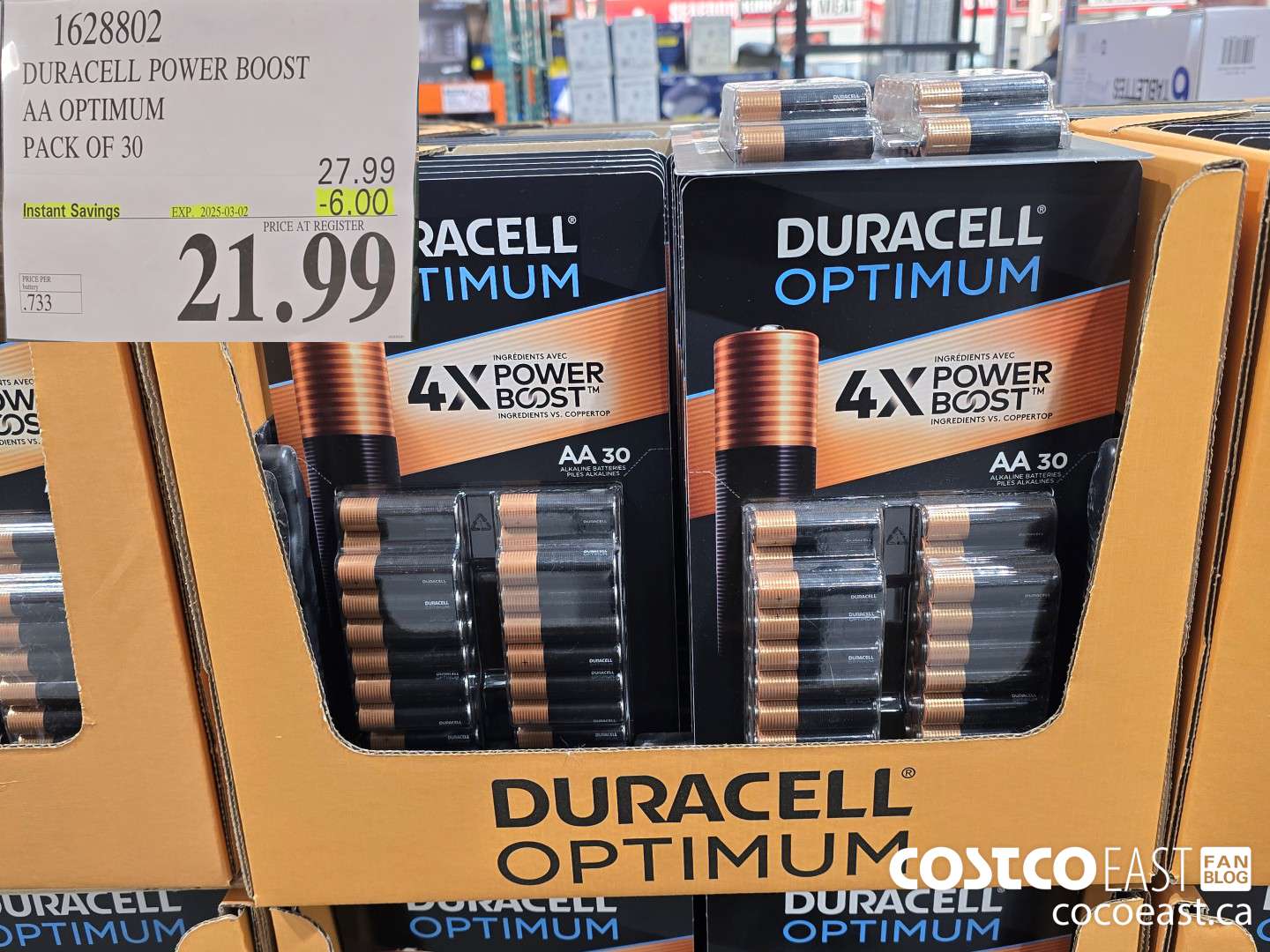 1628802 DURACELL POWER BOOST AA OPTIMUM PACK OF 30 ($6.00 INSTANT SAVINGS EXPIRES ON 2025-03-02) $21.99