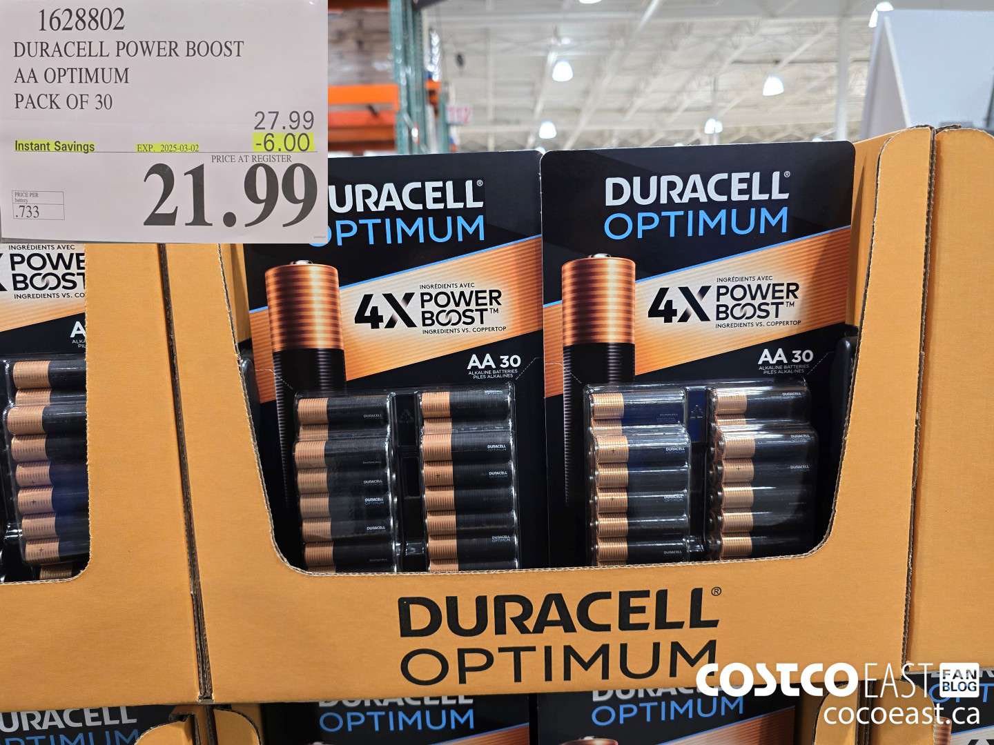 1628802 DURACELL POWER BOOST AA OPTIMUM PACK OF 30 ($6.00 INSTANT SAVINGS EXPIRES ON 2025-03-02) $21.99