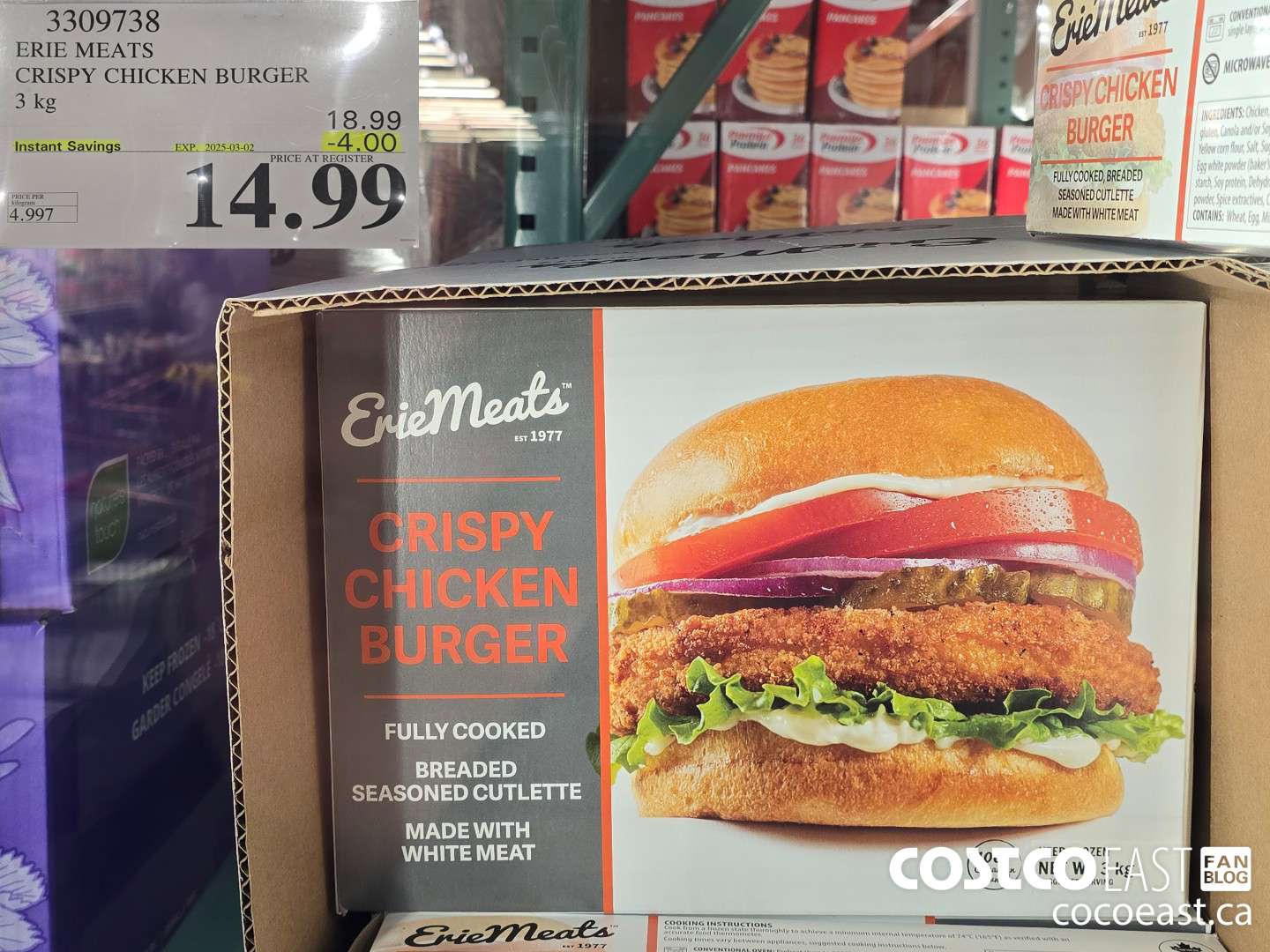 3309738 ERIE MEATS CRISPY CHICKEN BURGER 3 kg ($4.00 INSTANT SAVINGS EXPIRES ON 2025-03-02) $14.99