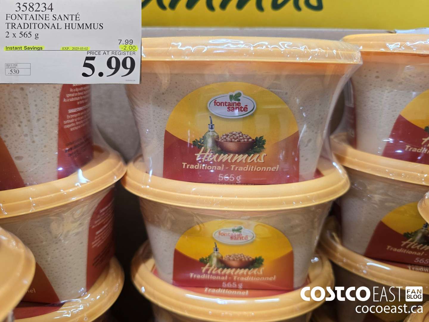 358234 FONTAINE SANTE TRADITIONAL HUMMUS 2x 565 G 202503-02 ($2.00 INSTANT SAVINGS) $5.99
