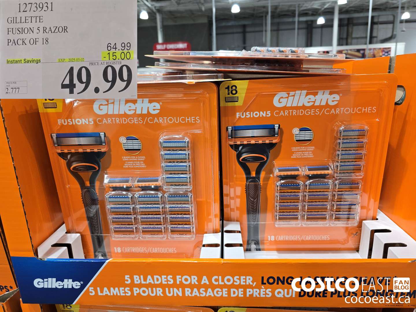 1273931 GILLETTE FUSION 5 CARTRIDGES PACK OF 18 ($15.00 INSTANT SAVINGS EXPIRES ON 2025-03-02) $49.99