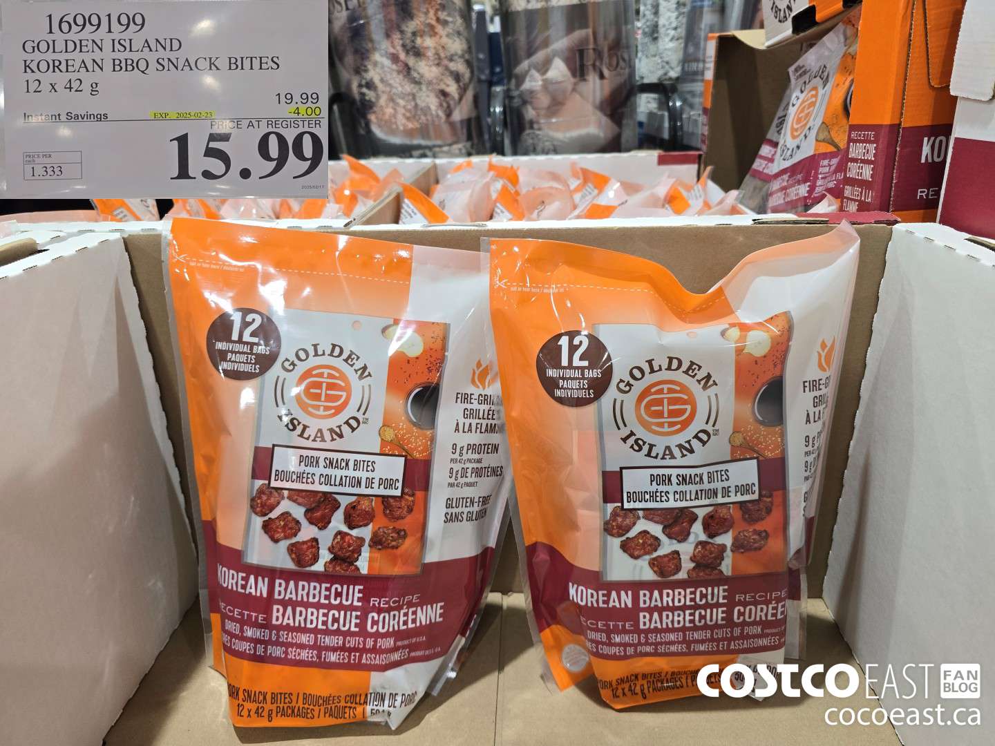 1699199 GOLDEN ISLAND KOREAN BBQ SNACK BITES 12x42 g ($4.00 INSTANT SAVINGS EXPIRES ON 2025-02-23) $15.99