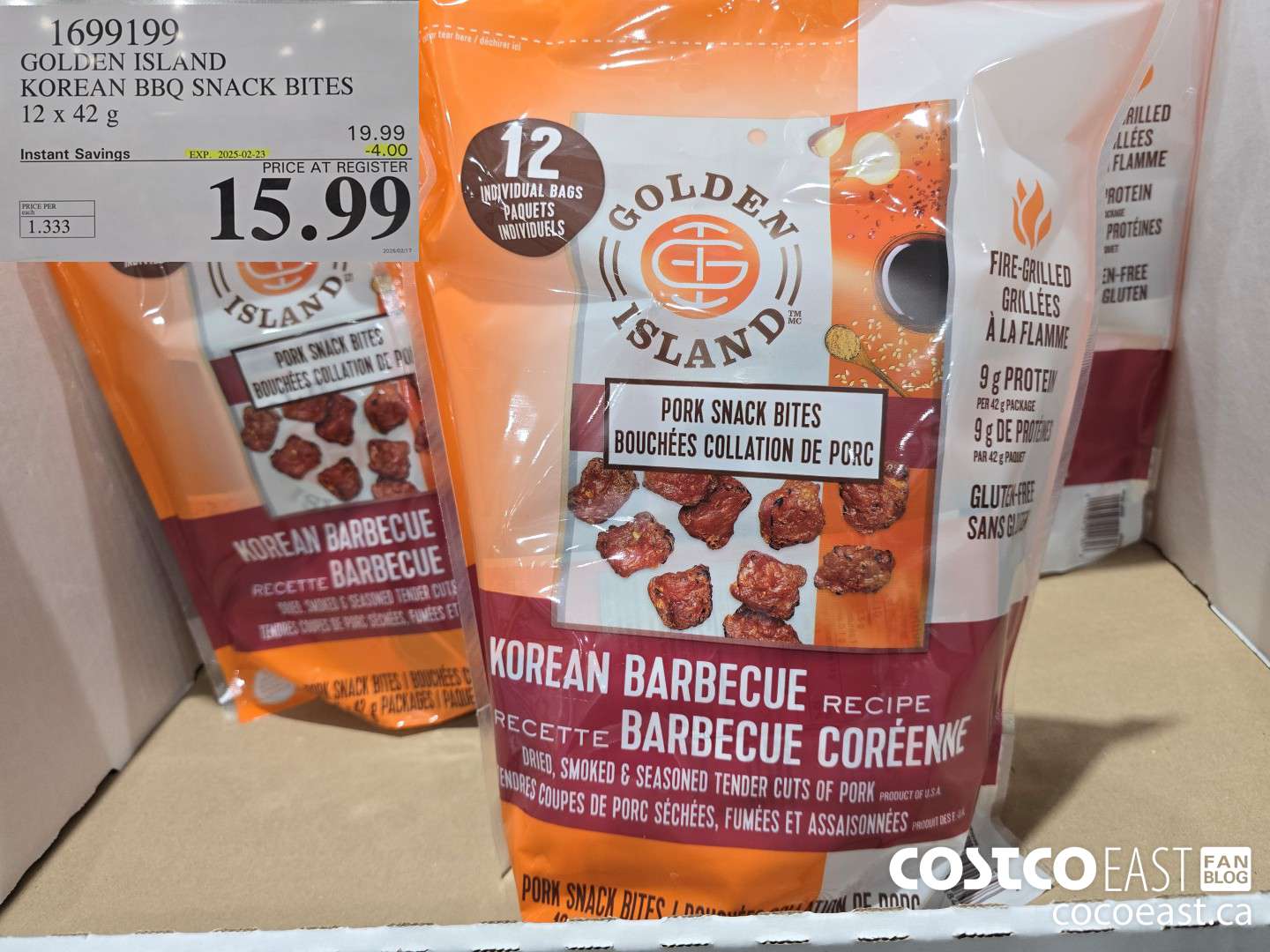 1699199 GOLDEN ISLAND KOREAN BBQ SNACK BITES 12x42 g ($4.00 INSTANT SAVINGS EXPIRES ON 2025-02-23) $15.99