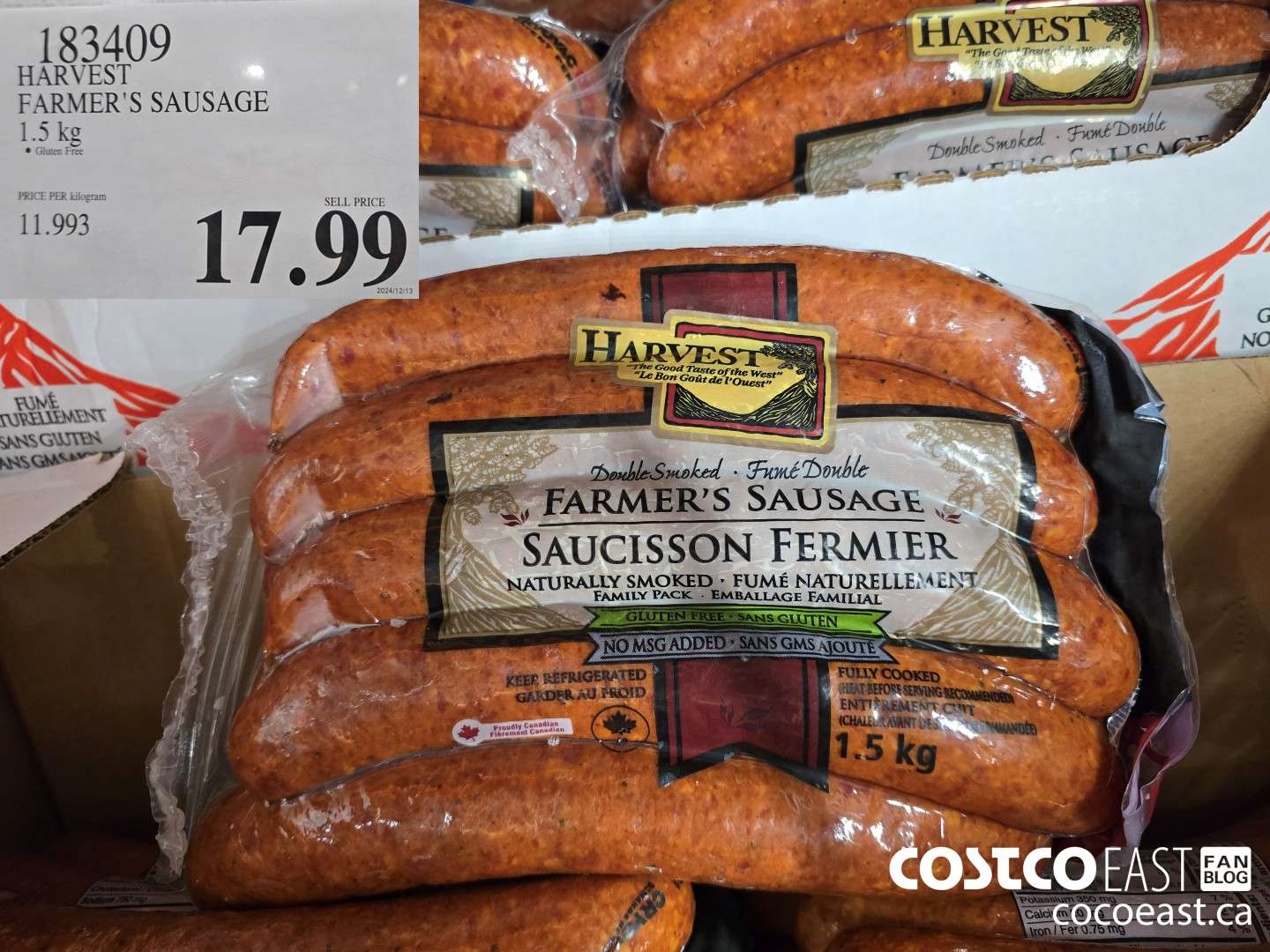 183409 HARVEST SMOKED FARMERS SAUSAGE 1.5 KG $17.99