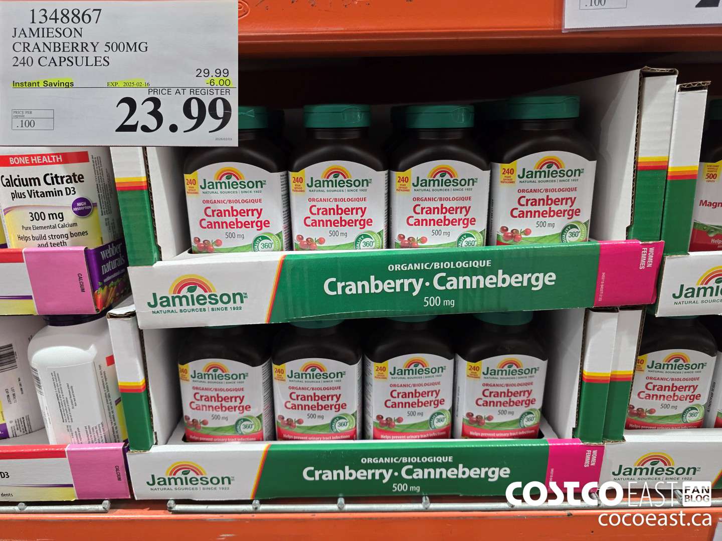 1348867 JAMIESON CRANBERRY 500MG 240 CAPSULES ($6.00 INSTANT SAVINGS EXPIRES ON 2025-02-16) $23.99