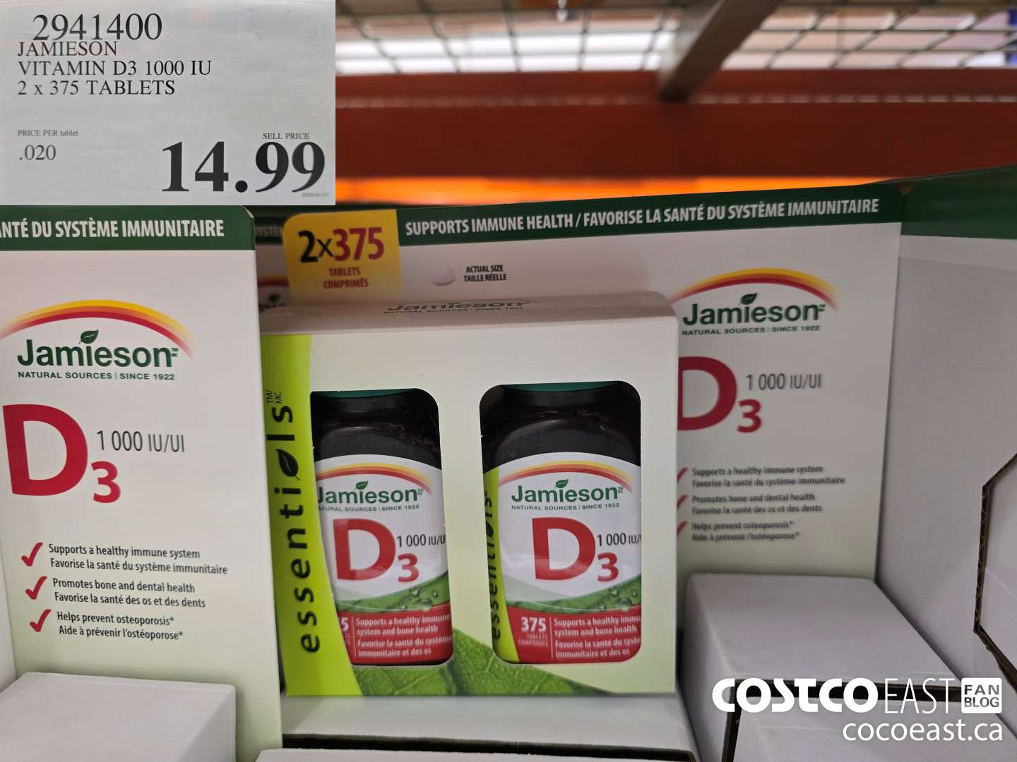 2941400 JAMIESON VITAMIN D3 1000 IU 2 X 375 TABLETS $14.99