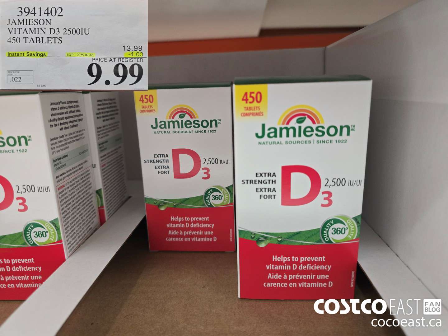 3941402 JAMIESON VITAMIN D3 2500IU 450 TABLETS ($4.00 INSTANT SAVINGS EXPIRES ON 2025-02-16) $9.99