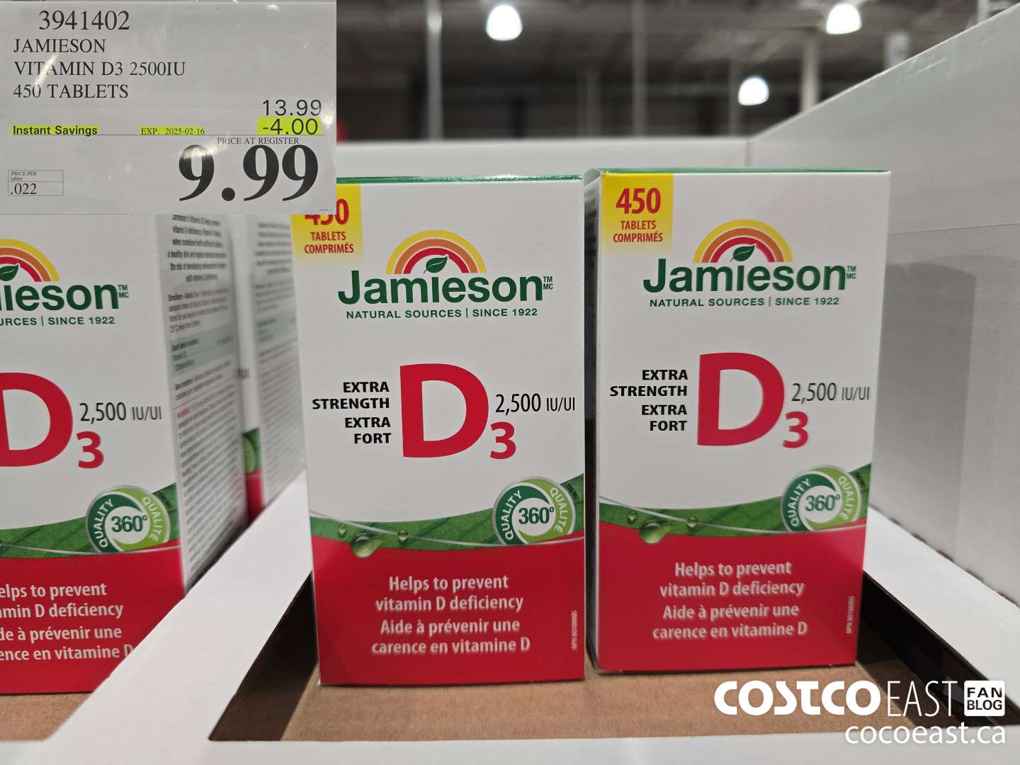3941402 JAMIESON VITAMIN D3 2500IU 450 TABLETS ($4.00 INSTANT SAVINGS EXPIRES ON 2025-02-16) $9.99