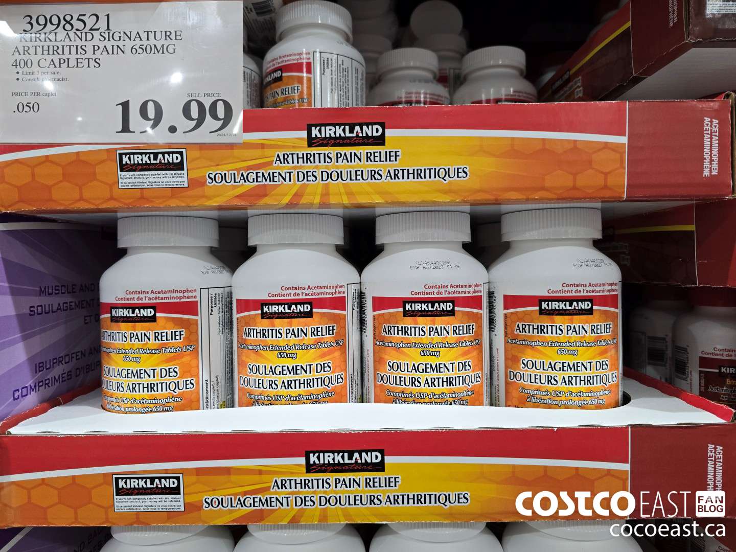 3998521 KIRKLAND SIGNATURE ARTHRITIS PAIN 650MG 400 CAPLETS $19.99