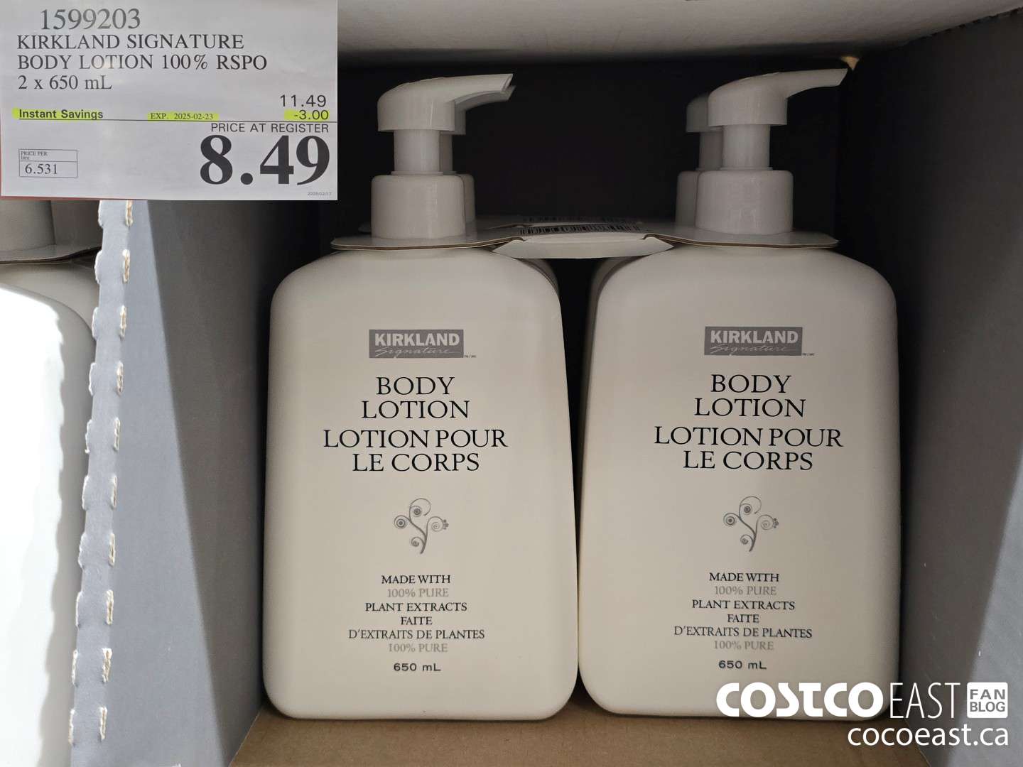 1599203 KIRKLAND SIGNATURE BODY LOTION 100% RSPO 2 x 650 mL ($3.00 INSTANT SAVINGS EXPIRES ON 2025-02-23) $8.49