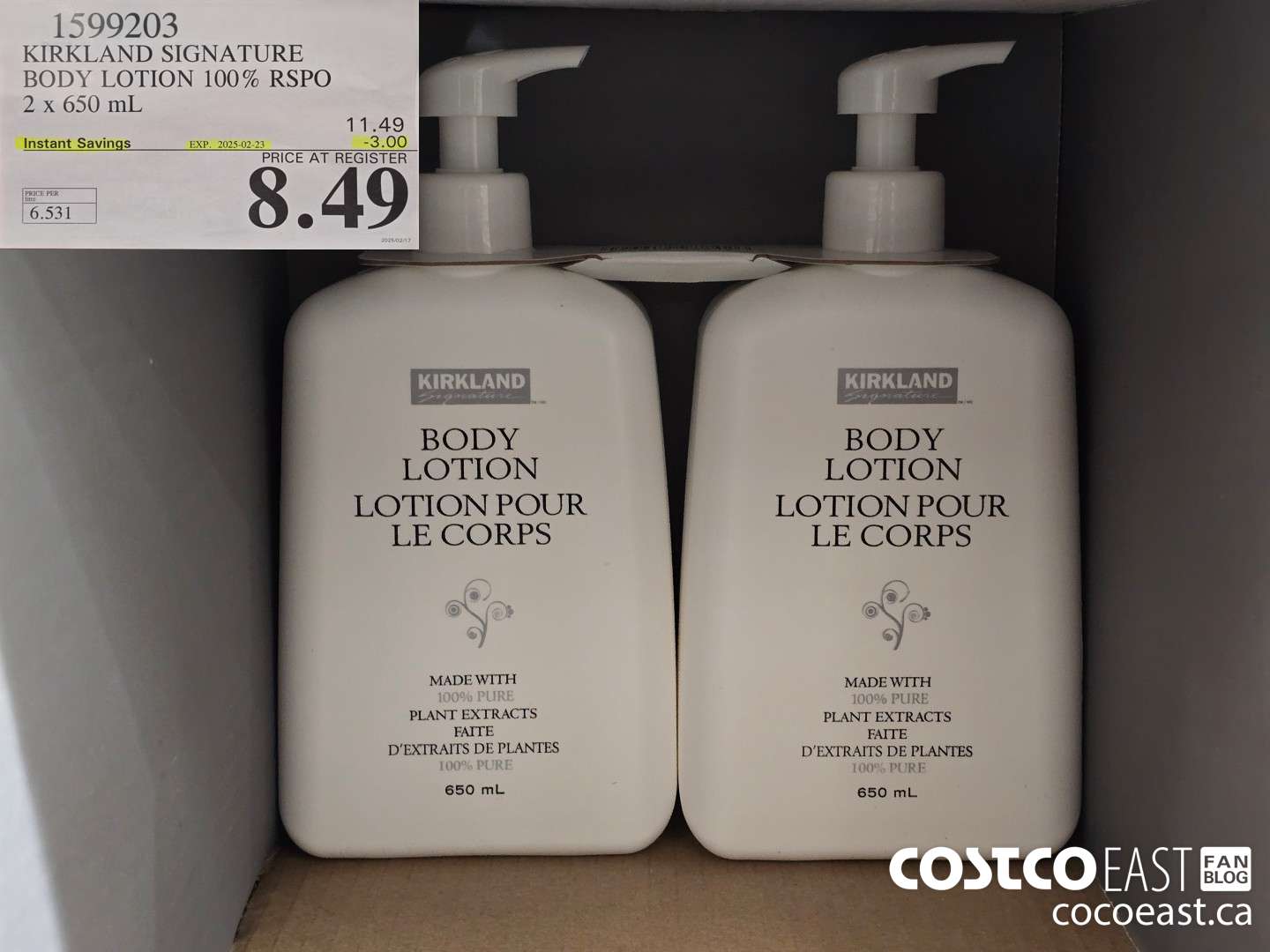1599203 KIRKLAND SIGNATURE BODY LOTION 100% RSPO 2 x 650 mL ($3.00 INSTANT SAVINGS EXPIRES ON 2025-02-23) $8.49