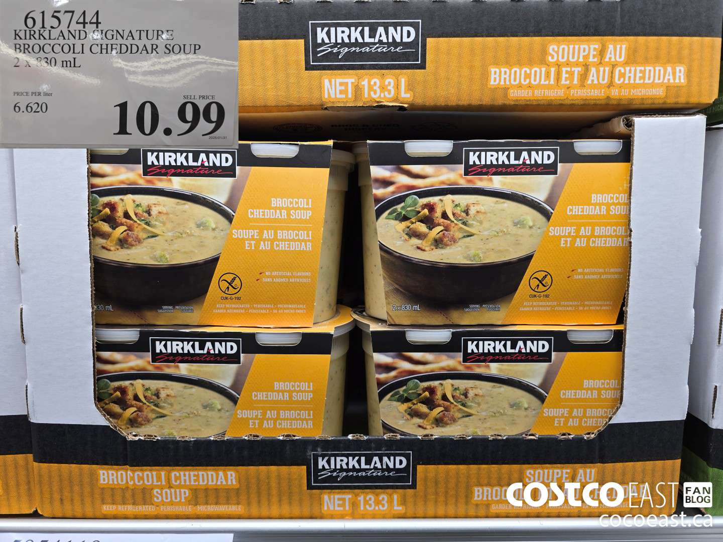 615744 KIRKLAND SIGNATURE BROCCOLI CHEDDAR SOUP 2 x 830 mL $10.99