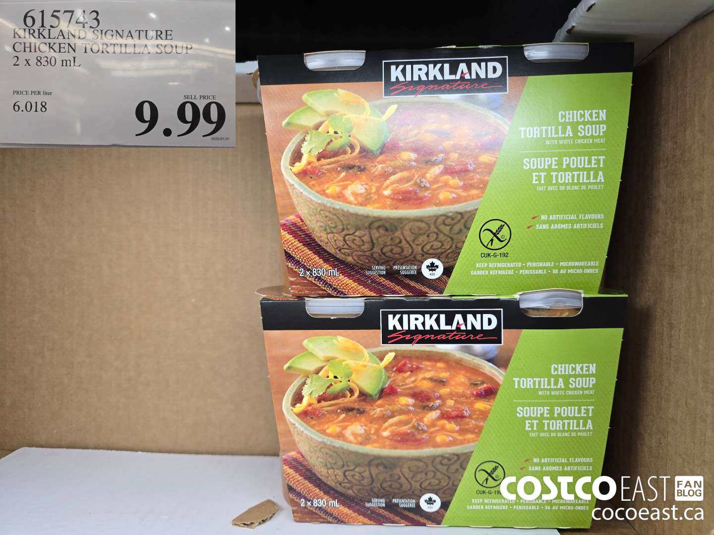 615743 KIRKLAND SIGNATURE CHICKEN TORTILLA SOUP 2 X 830 ML $9.99