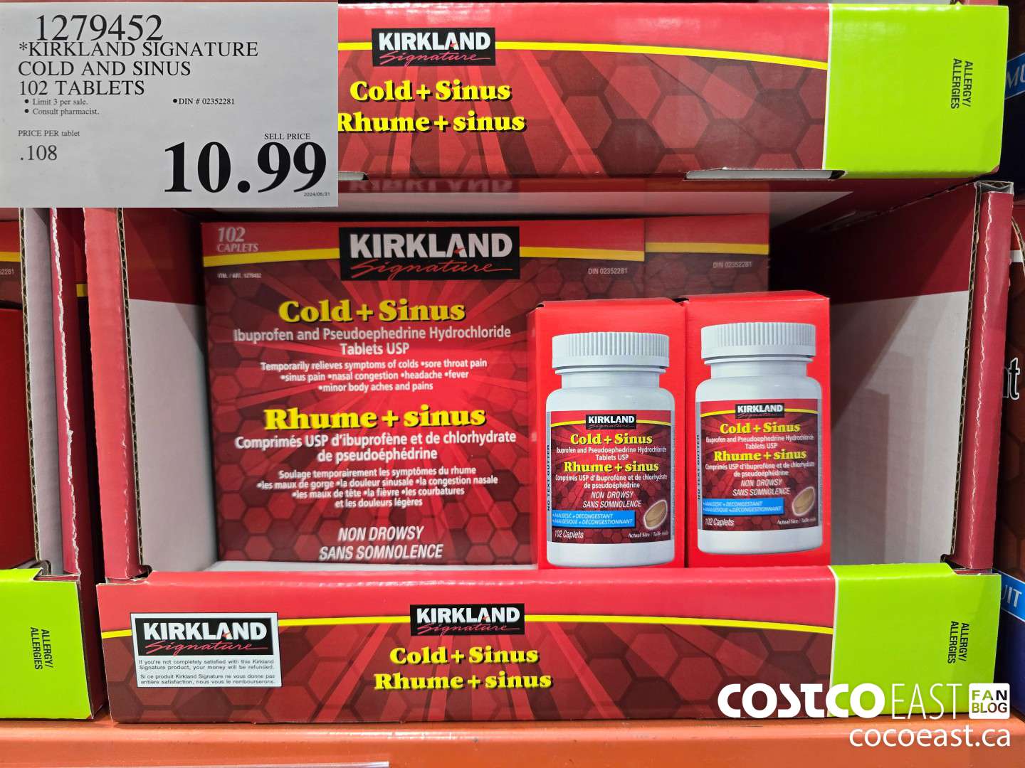1279452 KIRKLAND SIGNATURE COLD AND SINUS 102 CAPLETS $10.99