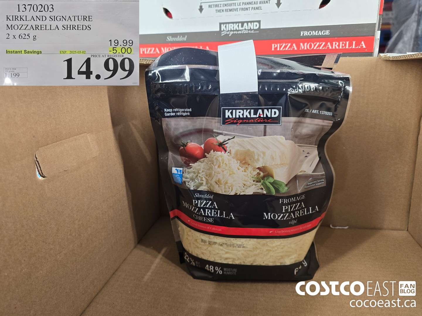 1370203 KIRKLAND SIGNATURE MOZZARELLA SHREDS 2 X 625G ($5.00 INSTANT SAVINGS EXPIRES ON 2025-03-02) $14.99