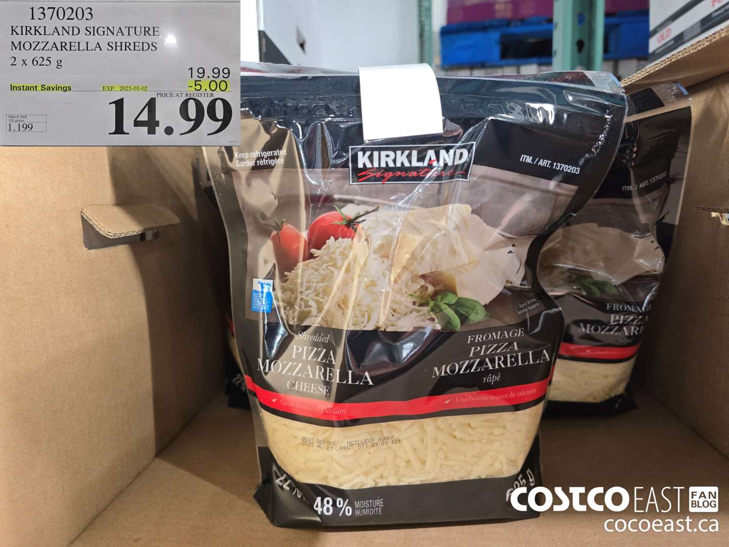 1370203 KIRKLAND SIGNATURE MOZZARELLA SHREDS 2 X 625G ($5.00 INSTANT SAVINGS EXPIRES ON 2025-03-02) $14.99