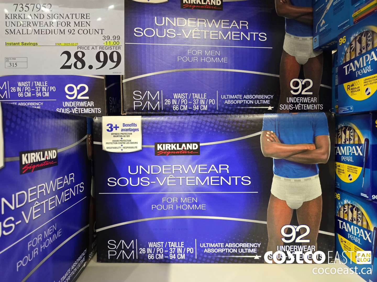 7357952 KIRKLAND SIGNATURE PROTECTIVE UNDERWEAR MEN S/M 92 COUNT ($11.00 INSTANT SAVINGS EXPIRES ON 2025-02-23) $28.99