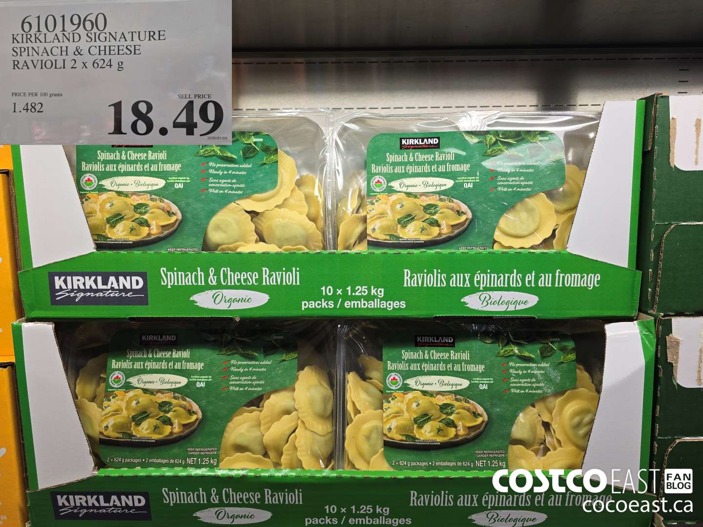 6101960 KIRKLAND SIGNATURE SPINACH & CHEESE RAVIOLI 2 x 624 G $18.49