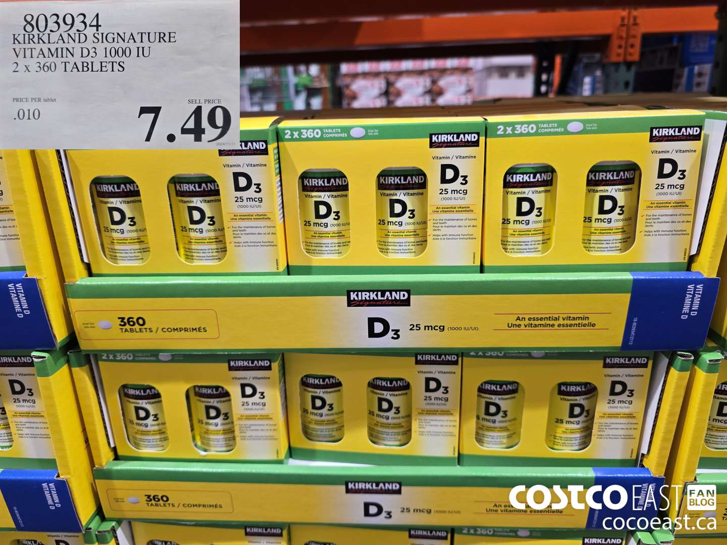 803934 KIRKLAND SIGNATURE VITAMIN D3 1000 IU 2 X 360 TABLETS $7.49