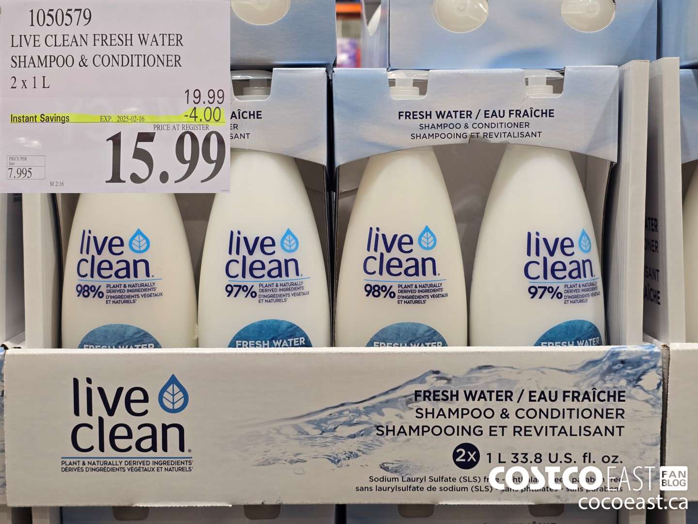 1050579 LIVE CLEAN FRESH WATER SHAMPOO & CONDITIONER 2 X 1L ($4.00 INSTANT SAVINGS EXPIRES ON 2025-02-16) $15.99