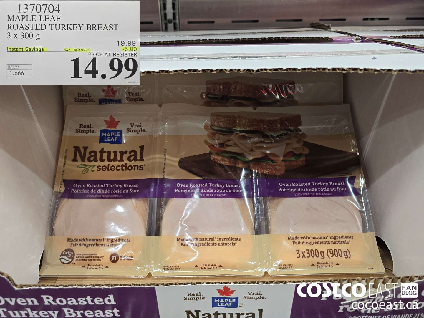 1370704 MAPLE LEAF ROASTED TURKEY BREAST 3 x 300 G ($5.00 INSTANT SAVINGS EXPIRES ON 2025-03-02) $14.99