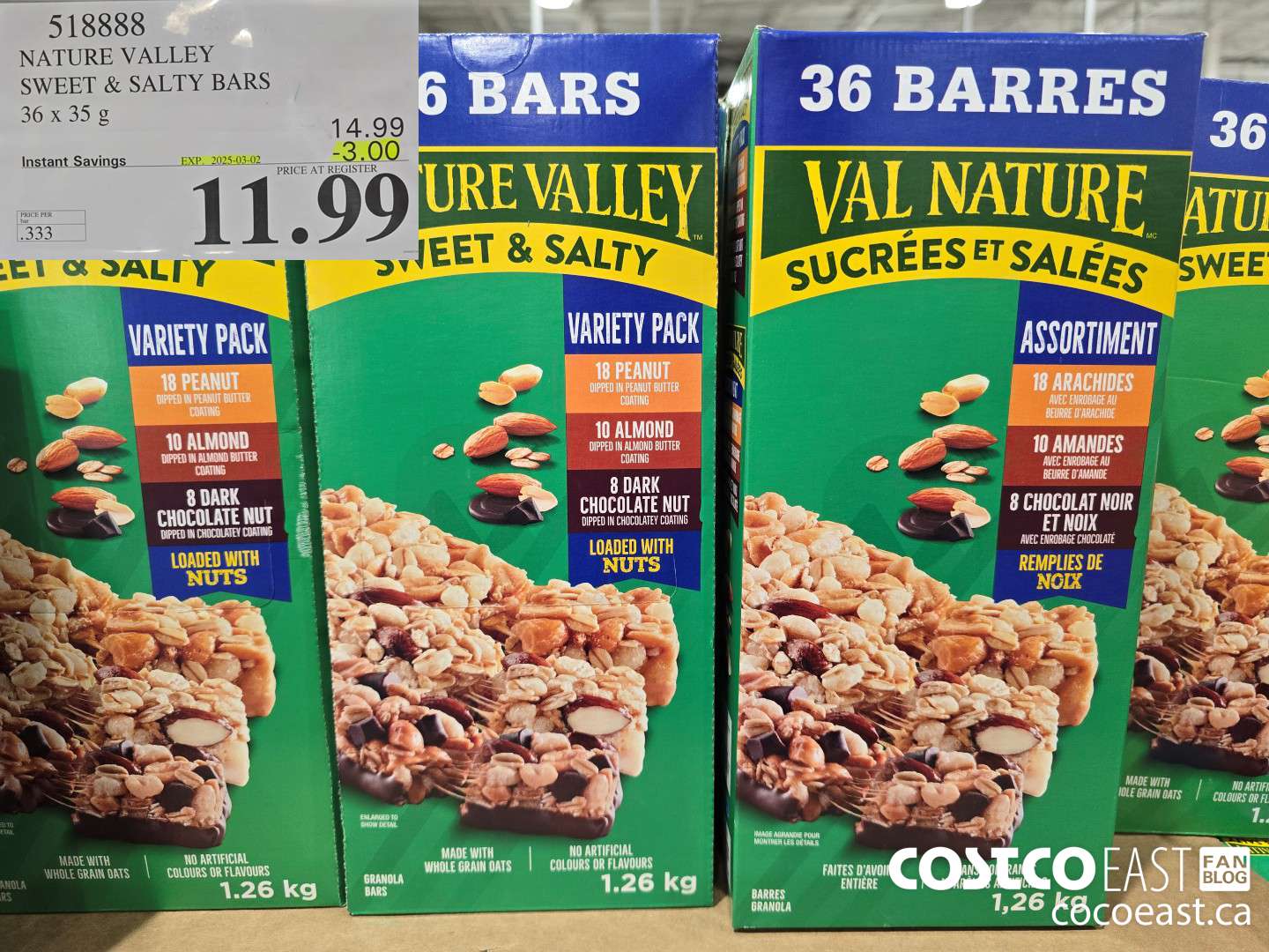 518888 NATURE VALLEY SWEET & SALTY BARS 36 X 35G ($3.00 INSTANT SAVINGS EXPIRES ON 2025-03-02) $11.99