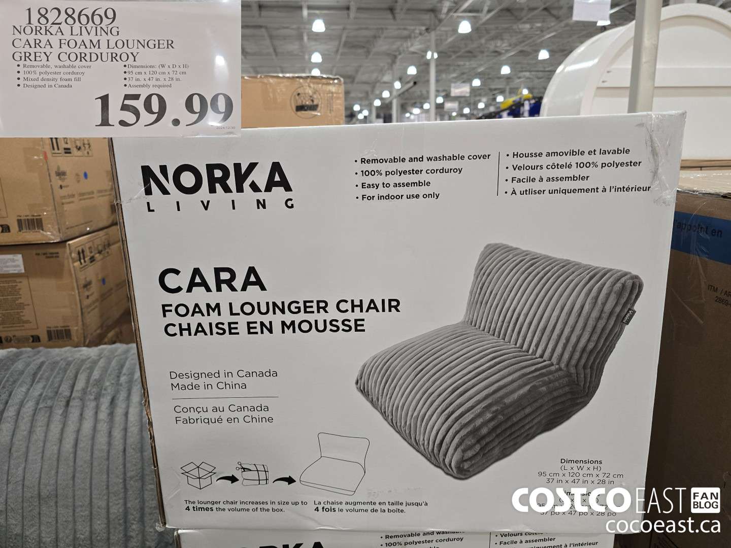 1828669 NORKA LIVING CARA FOAM LOUNGER GREY CORDUROY $159.99