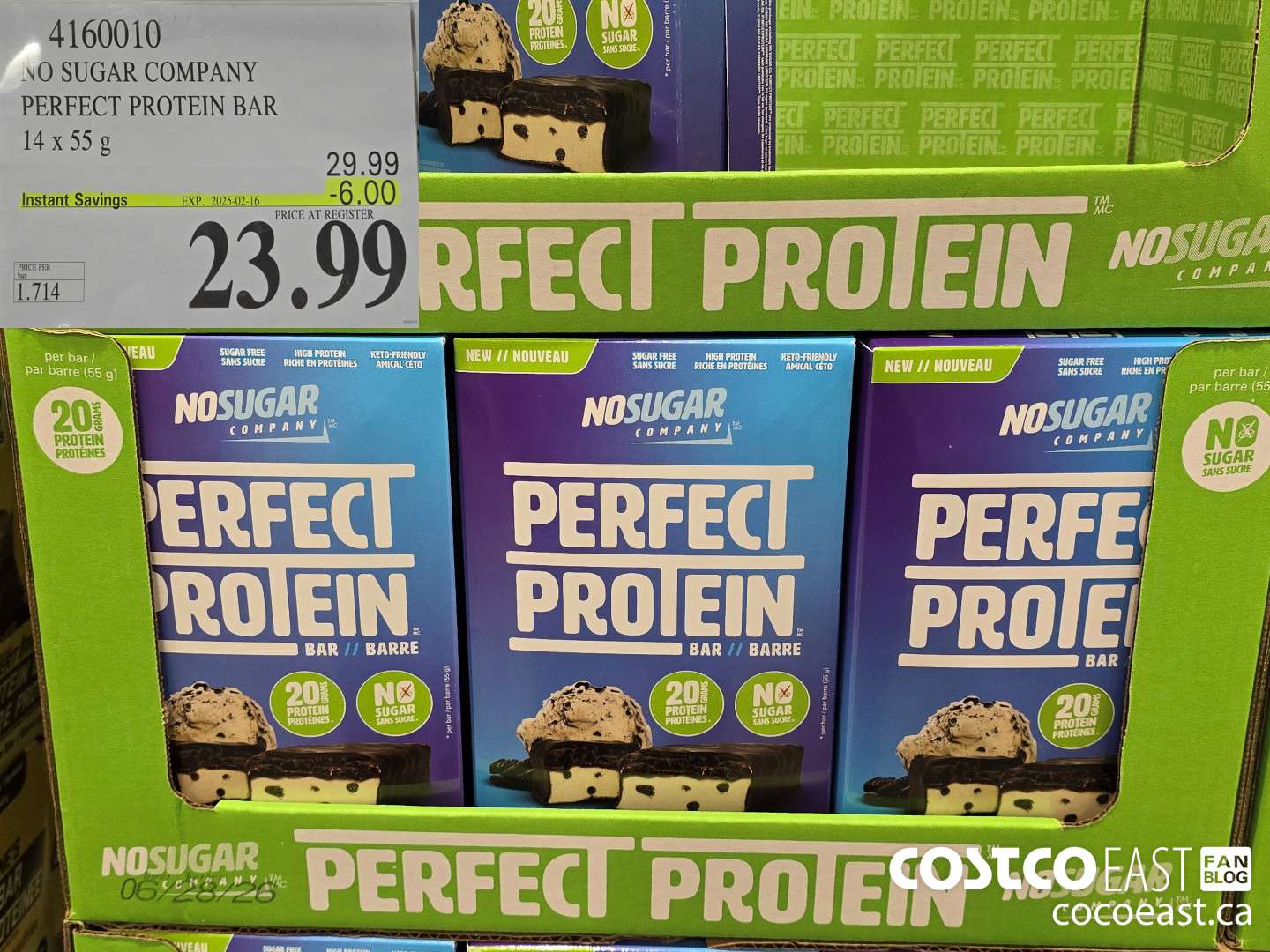 4160010 NO SUGAR COMPANY PERFECT PROTEIN BAR 14x 55g ($6.00 INSTANT SAVINGS EXPIRES ON 2025-02-16) $23.99
