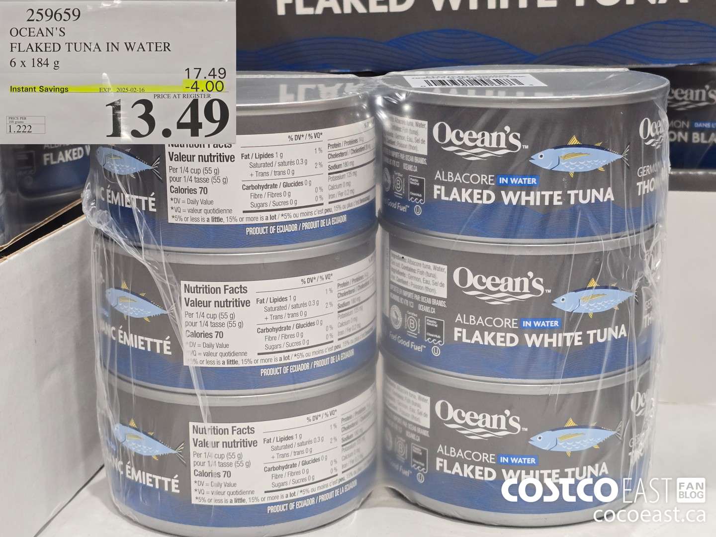 259659 OCEAN'S FLAKED TUNA IN WATER 6 x 184 G ($4.00 INSTANT SAVINGS EXPIRES ON 2025-02-16) $13.49