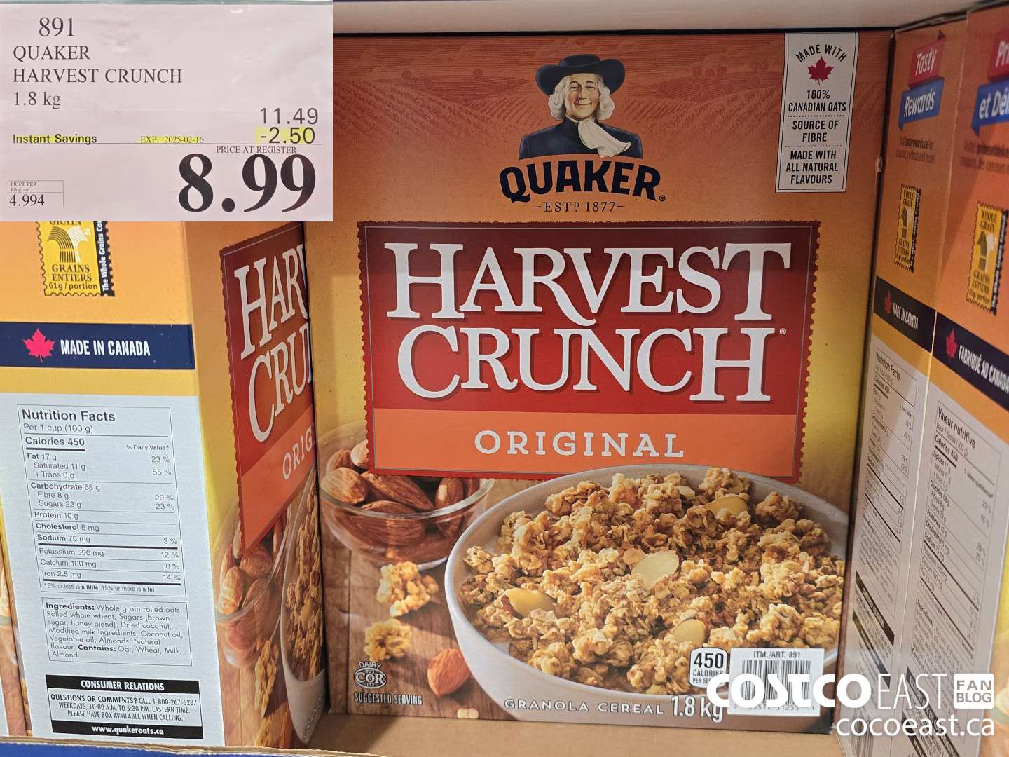 891 QUAKER HARVEST CRUNCH 1.8 kg  ($2.50 INSTANT SAVINGS EXPIRES ON 2025-02-16) $8.99