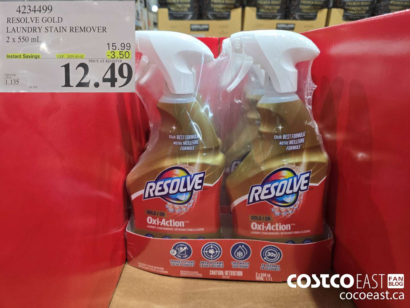 4234499 RESOLVE GOLD LAUNDRY STAIN REMOVER 2 x 550 mL ($3.50 INSTANT SAVINGS EXPIRES ON 2025-03-02) $12.49