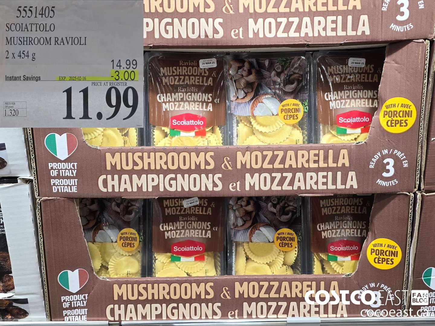 5551405 SCOIATTOLO MUSHROOM RAVIOLI 2 x 454 g ($3.00 INSTANT SAVINGS EXPIRES ON 2025-02-16) $11.99