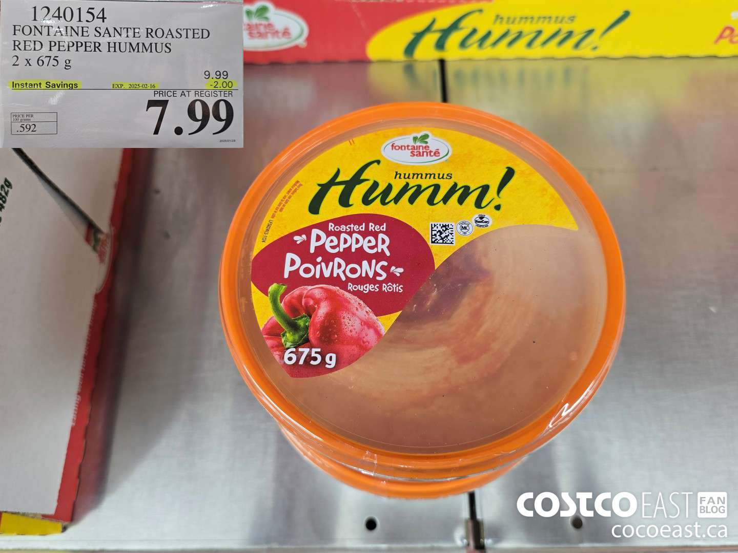 1240154 SONTAINE SANTE ROASTED RED PEPPER HUMMUS 2 x 675 g ($2.00 INSTANT SAVINGS EXPIRES ON 2025-02-16) $7.99