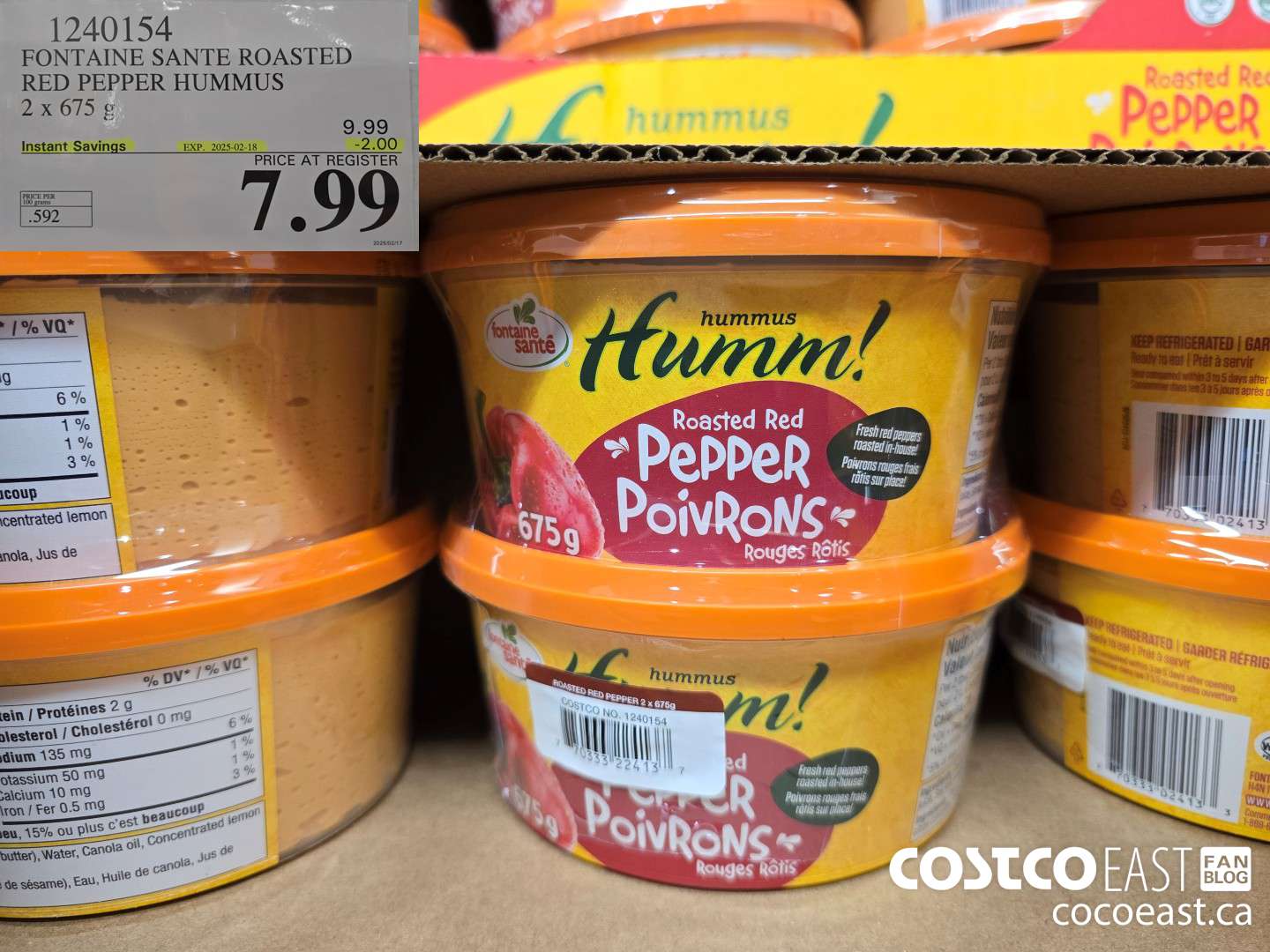 1240154 SONTAINE SANTE ROASTED RED PEPPER HUMMUS 2 x 675 g ($2.00 INSTANT SAVINGS EXPIRES ON 2025-02-18) $7.99