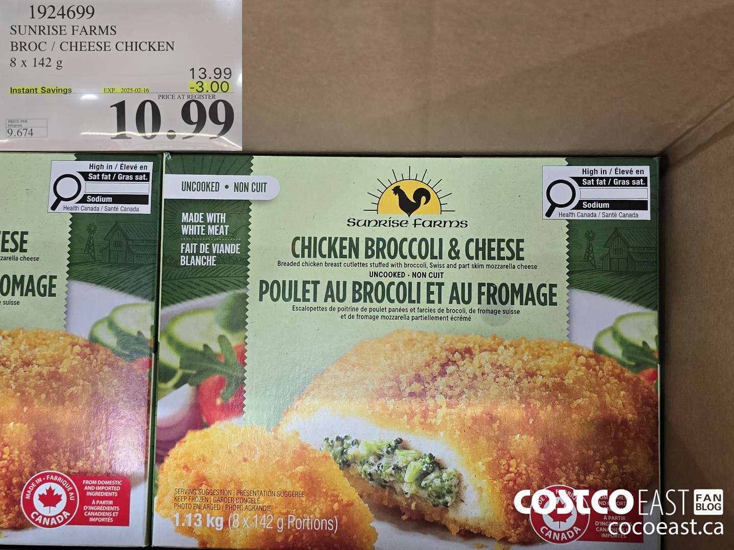 1924699 SUNRISE FARMS BROC/CHEESE CHICKEN 8 X 142g ($3.00 INSTANT SAVINGS EXPIRES ON 2025-02-16) $10.99