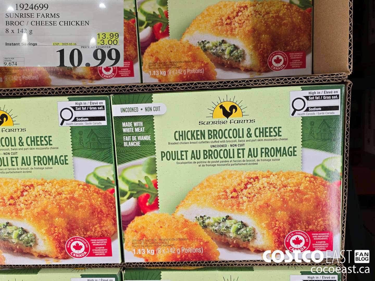 1924699 SUNRISE FARMS BROC/CHEESE CHICKEN 8 X 142g ($3.00 INSTANT SAVINGS EXPIRES ON 2025-02-16) $10.99