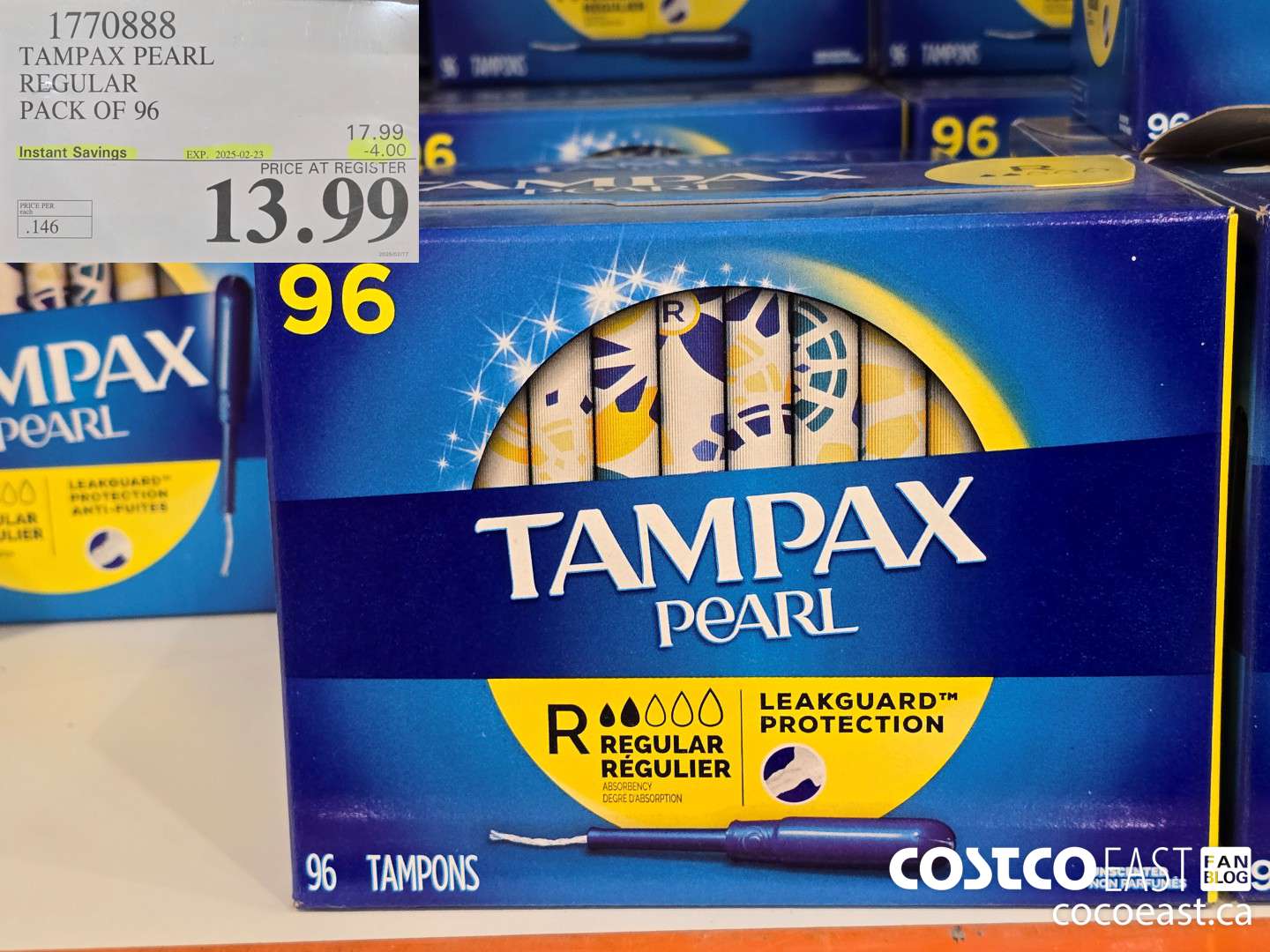1770888 TAMPAX PEARL REGULAR PACK OF 96 ($4.00 INSTANT SAVINGS EXPIRES ON 2025-02-23) $13.99