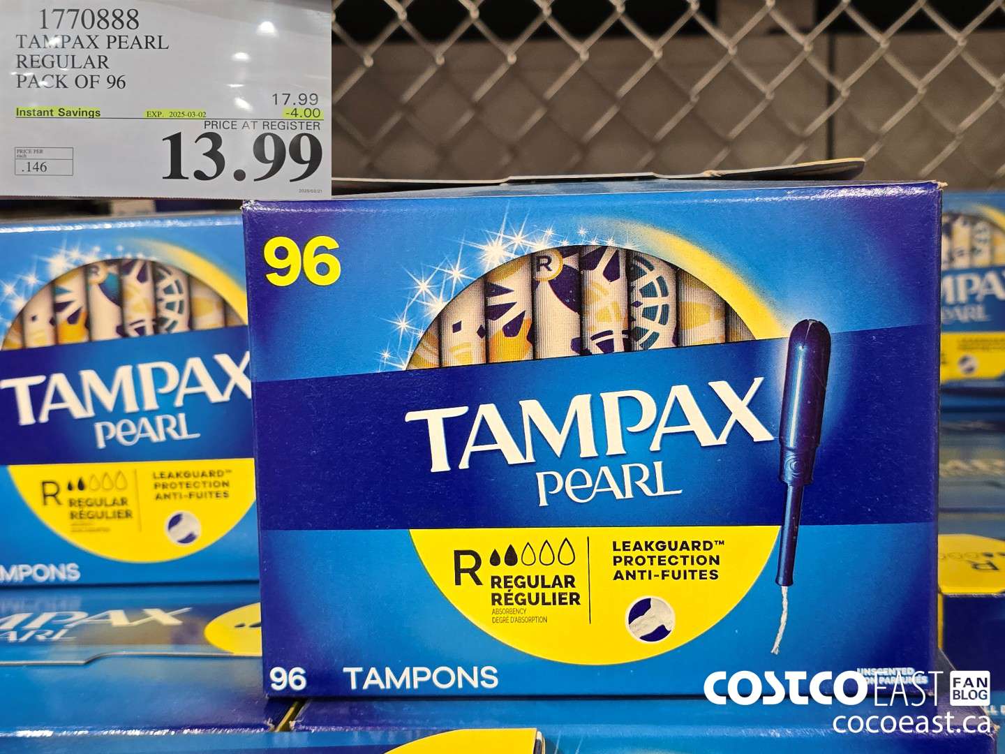 1770888 TAMPAX PEARL REGULAR PACK OF 96 ($4.00 INSTANT SAVINGS EXPIRES ON 2025-03-02) $13.99