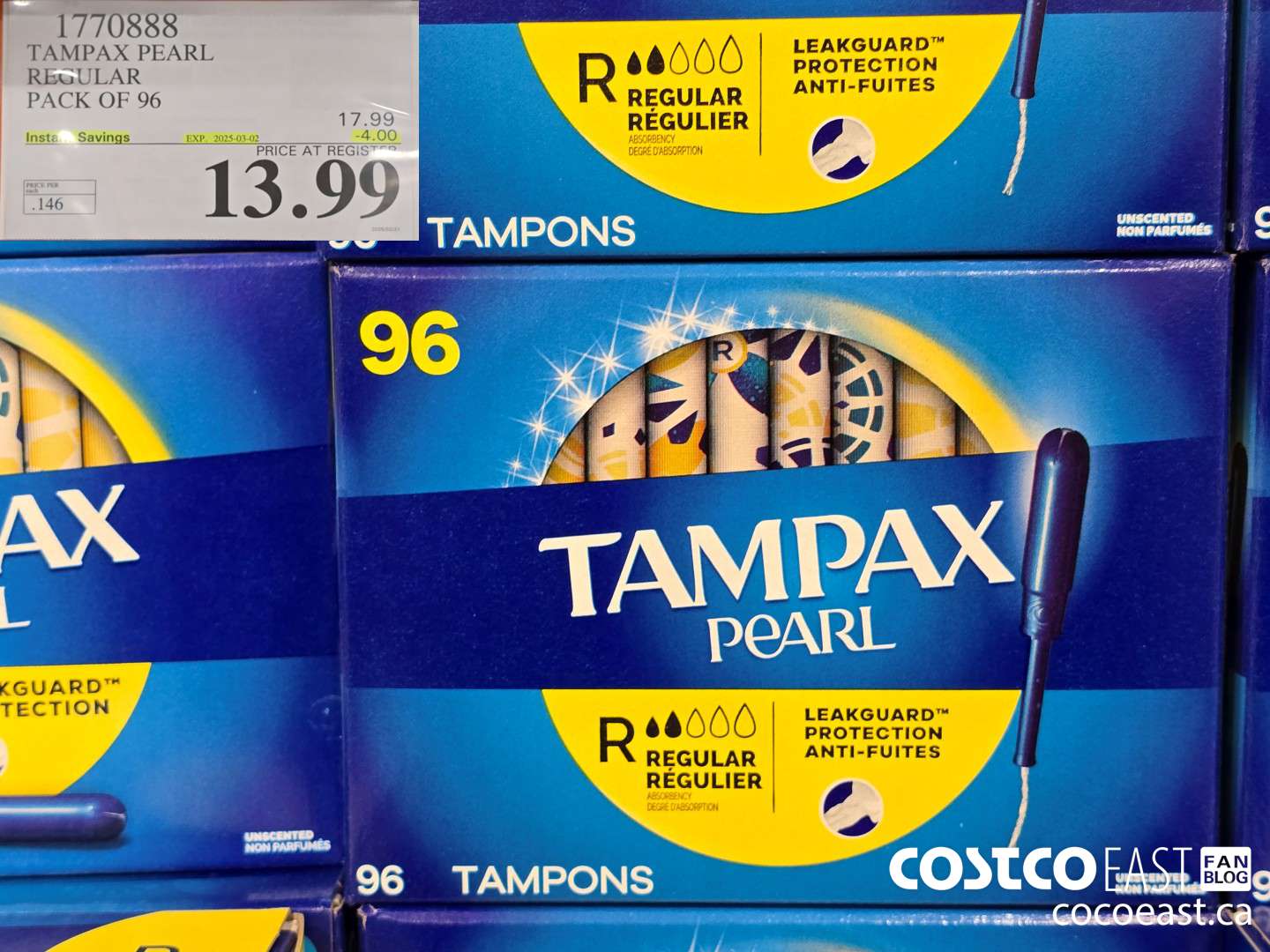 1770888 TAMPAX PEARL REGULAR PACK OF 96 ($4.00 INSTANT SAVINGS EXPIRES ON 2025-03-02) $13.99