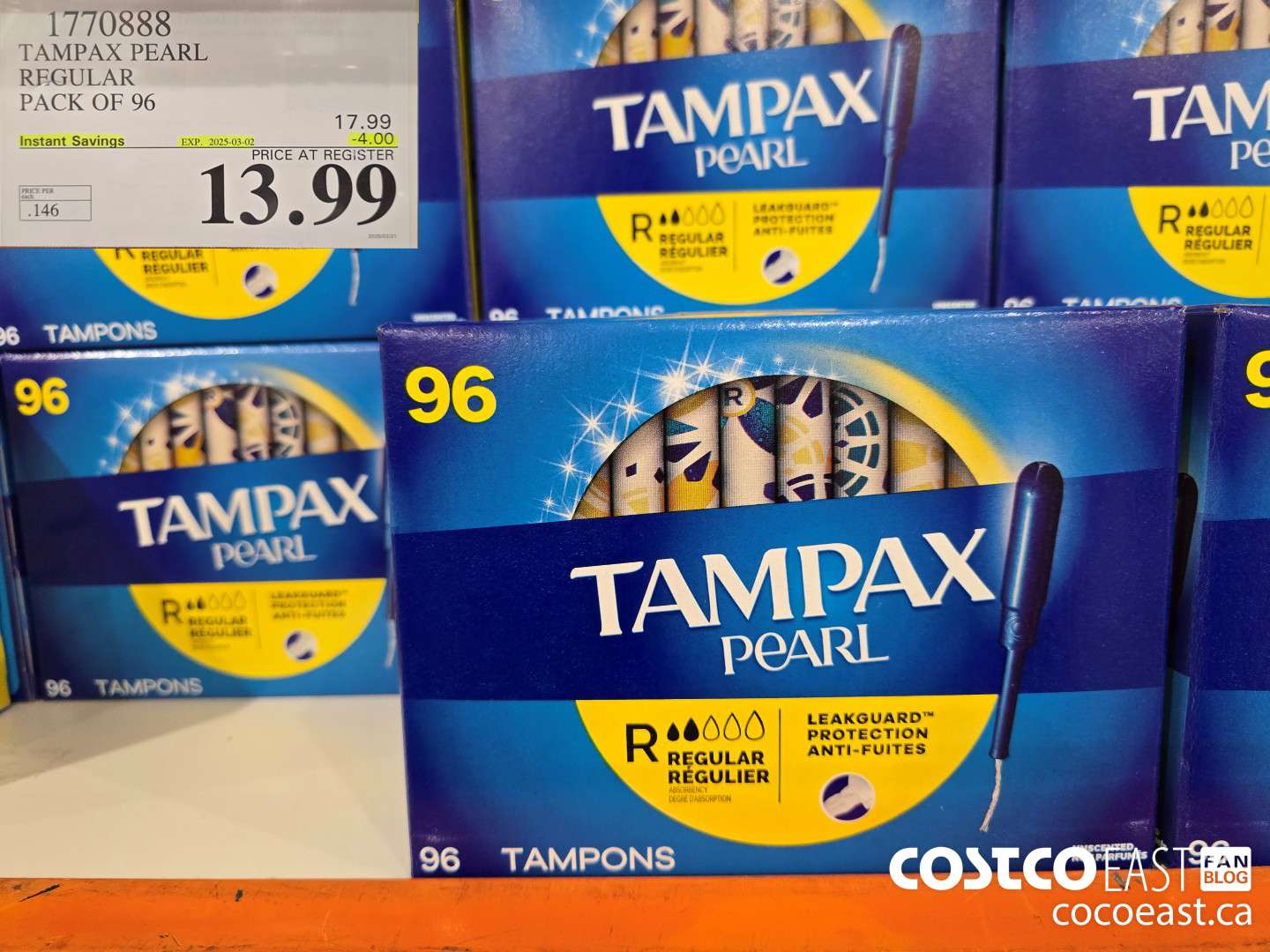 1770888 TAMPAX PEARL REGULAR PACK OF 96 ($4.00 INSTANT SAVINGS EXPIRES ON 2025-03-02) $13.99