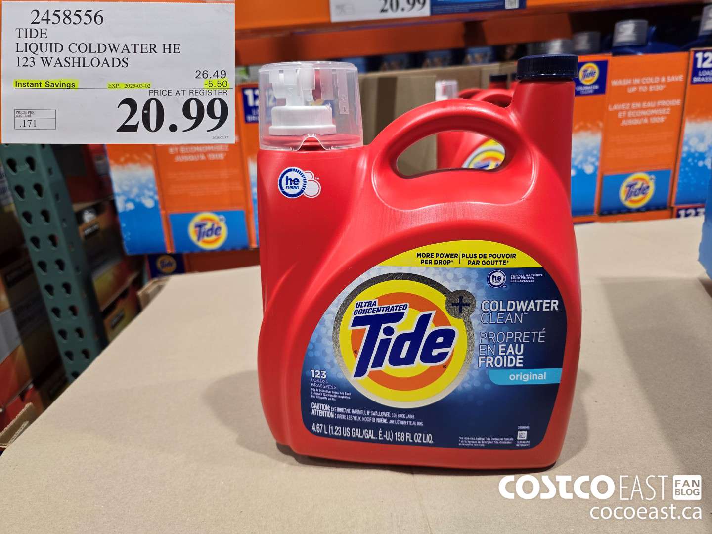 2458556 TIDE LIQUID COLDWATER HE 123 WASHLOADS ($5.50 INSTANT SAVINGS EXPIRES ON 2025-03-02) $20.99