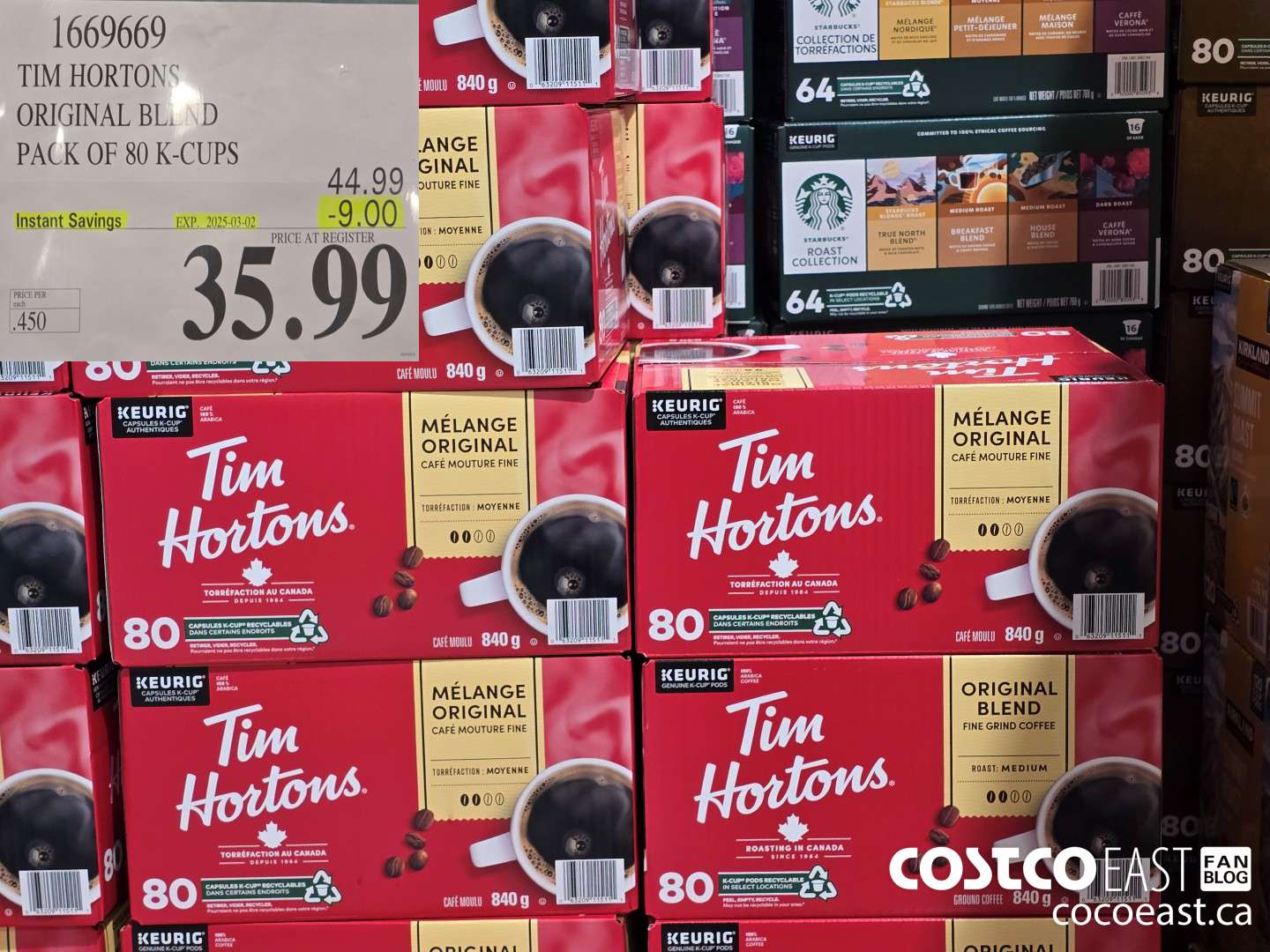 1669669 TIM HORTONS ORIGINAL BLEND PACK OF 80 K-CUPS ($9.00 INSTANT SAVINGS EXPIRES ON 2025-03-02) $35.99