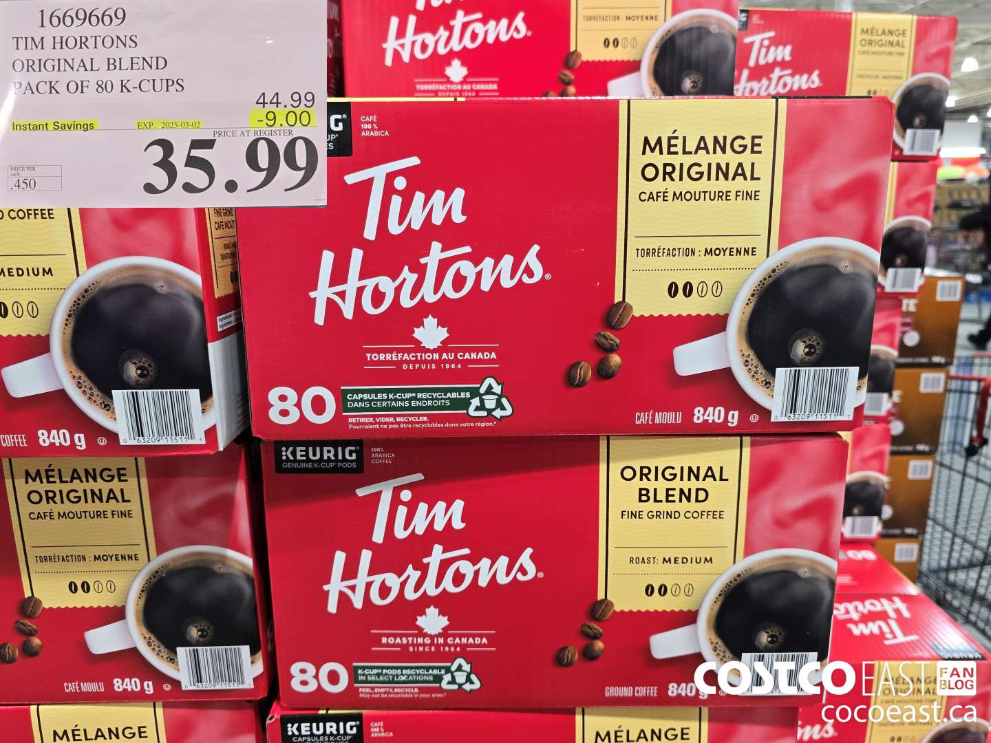 1669669 TIM HORTONS ORIGINAL BLEND PACK OF 80 K-CUPS ($9.00 INSTANT SAVINGS EXPIRES ON 2025-03-02) $35.99