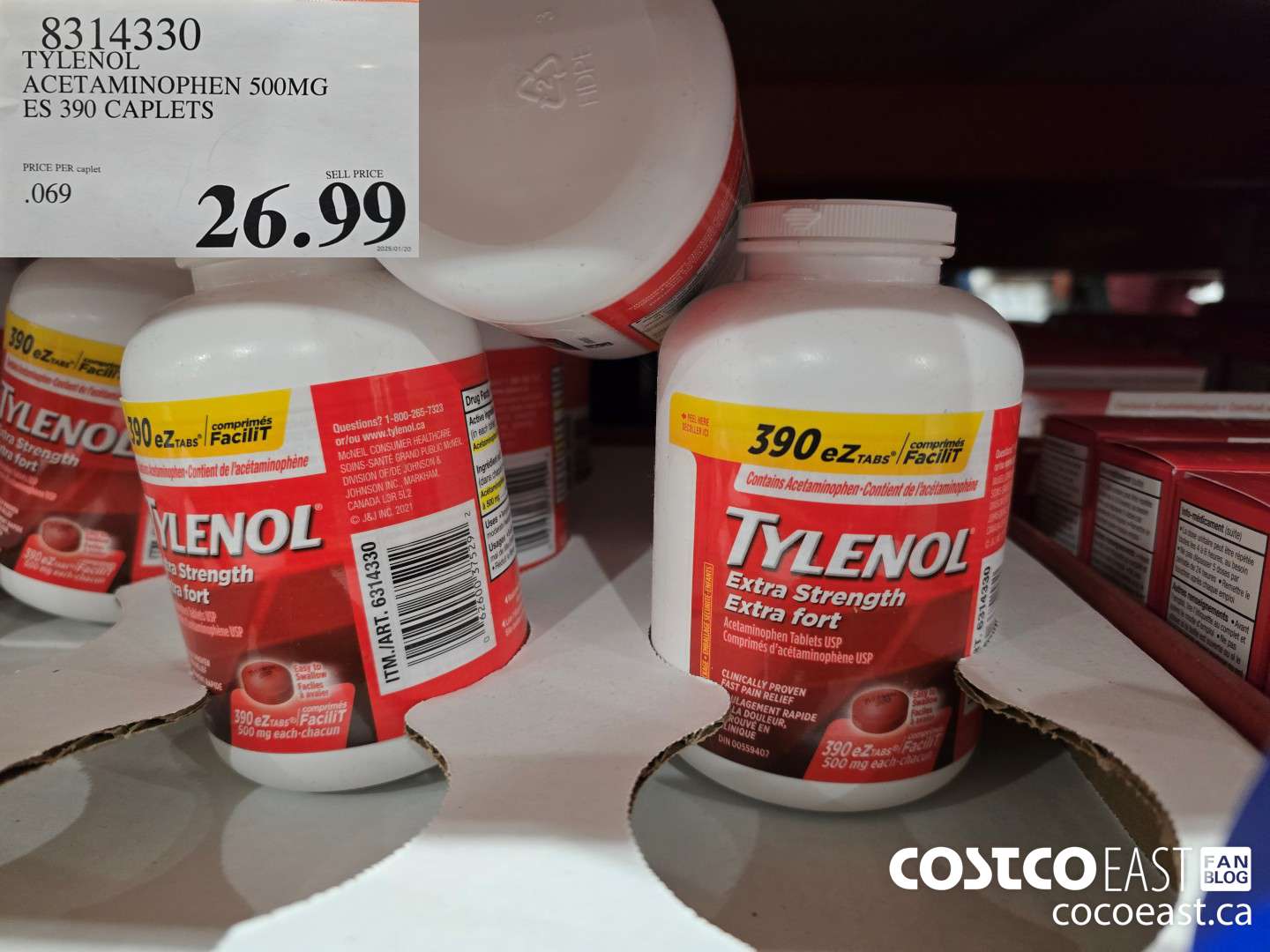 8314330 TYLENOL ACETAMINOPHEN 500MG ES 390 CAPLETS $26.99