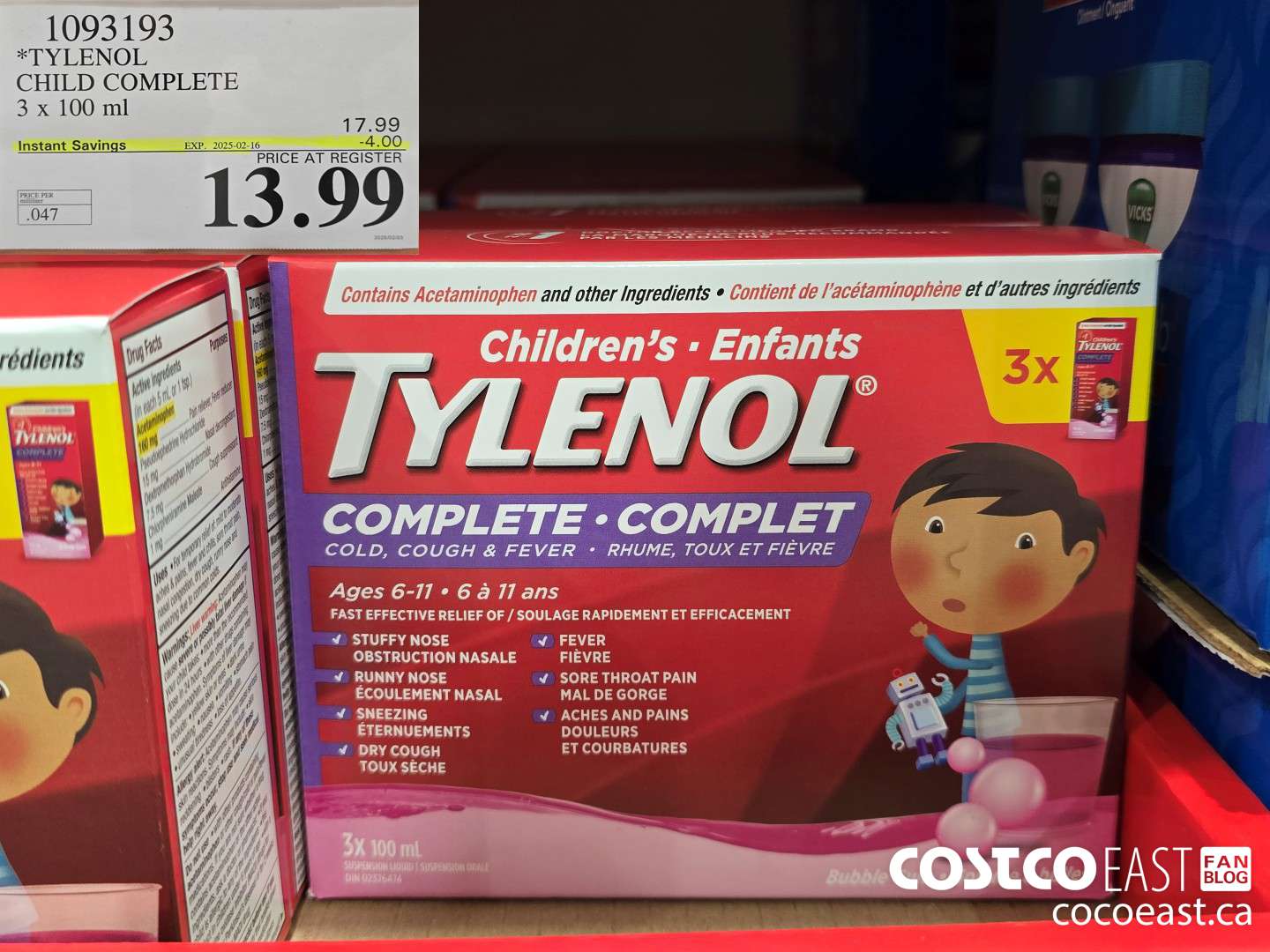 1093193 TYLENOL CHILD COMPLETE 3 X 100ML ($4.00 INSTANT SAVINGS EXPIRES ON 2025-02-16) $13.99